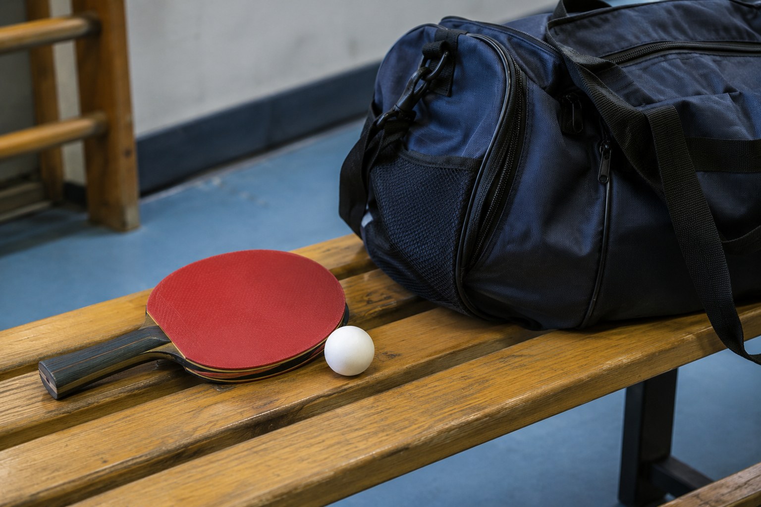 Schläger und Ball neben einer Sporttasche.