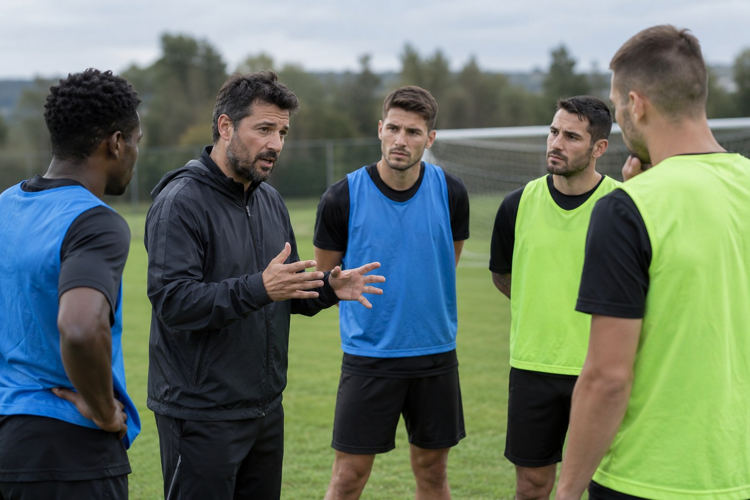 Ein Trainer bespricht sich mit erwachsenen Fußballspielern.