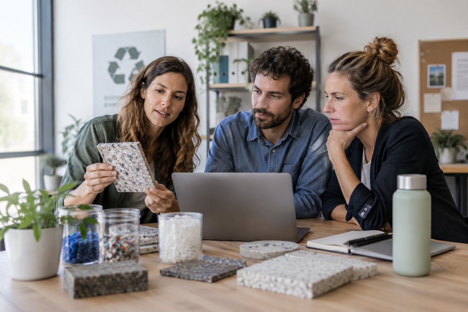 Ein Team bespricht Materialien und ein Projekt am Laptop.