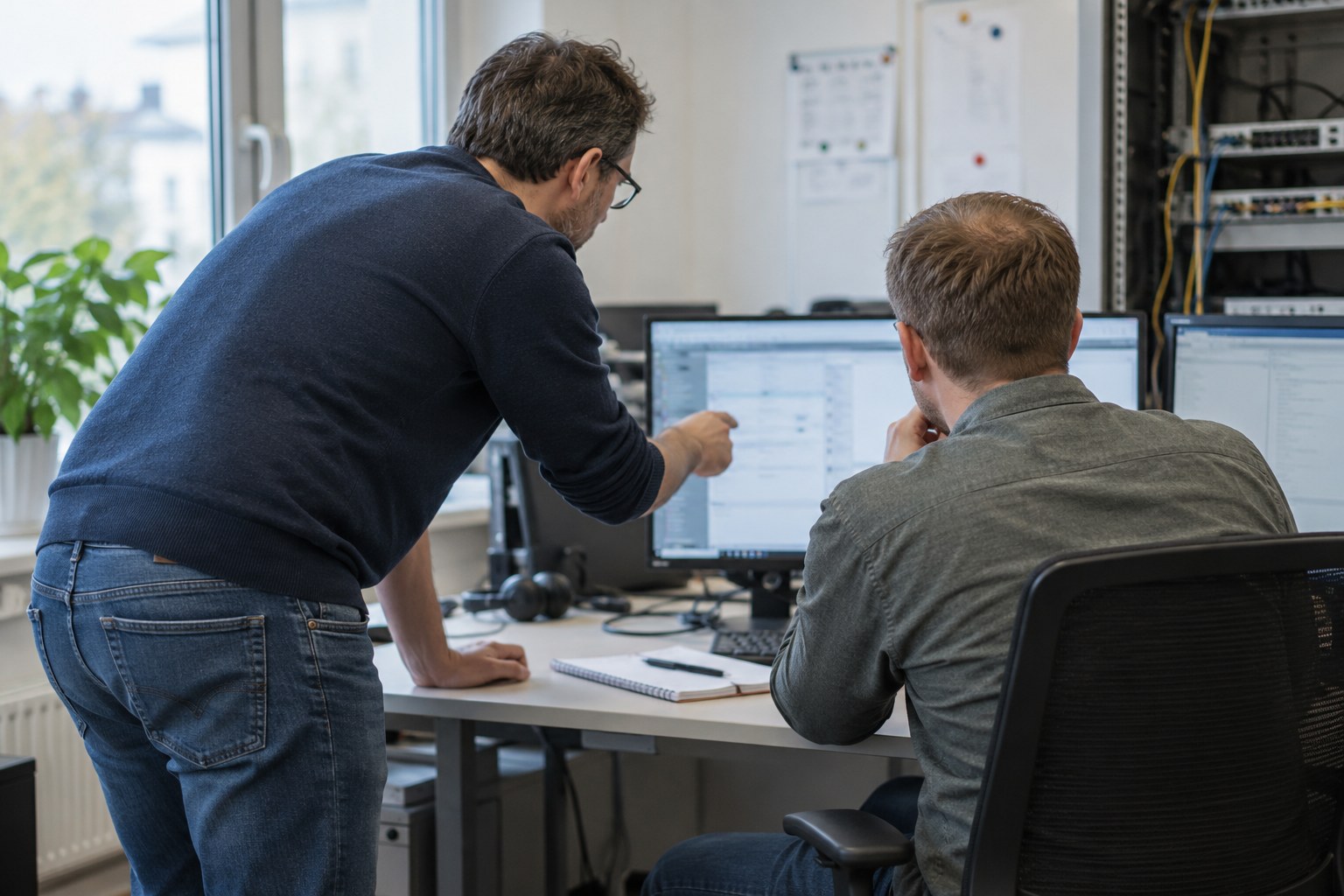 Zwei IT-Mitarbeiter prüfen einen Computerarbeitsplatz.
