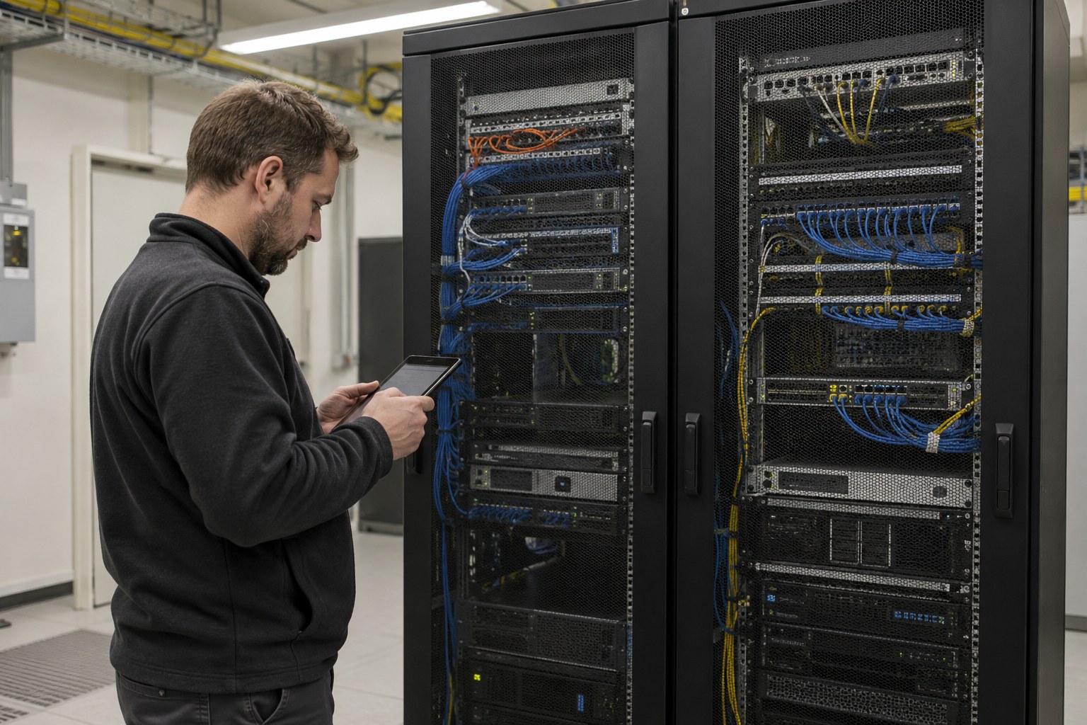 Ein Techniker kontrolliert Systeme in einem Serverraum.