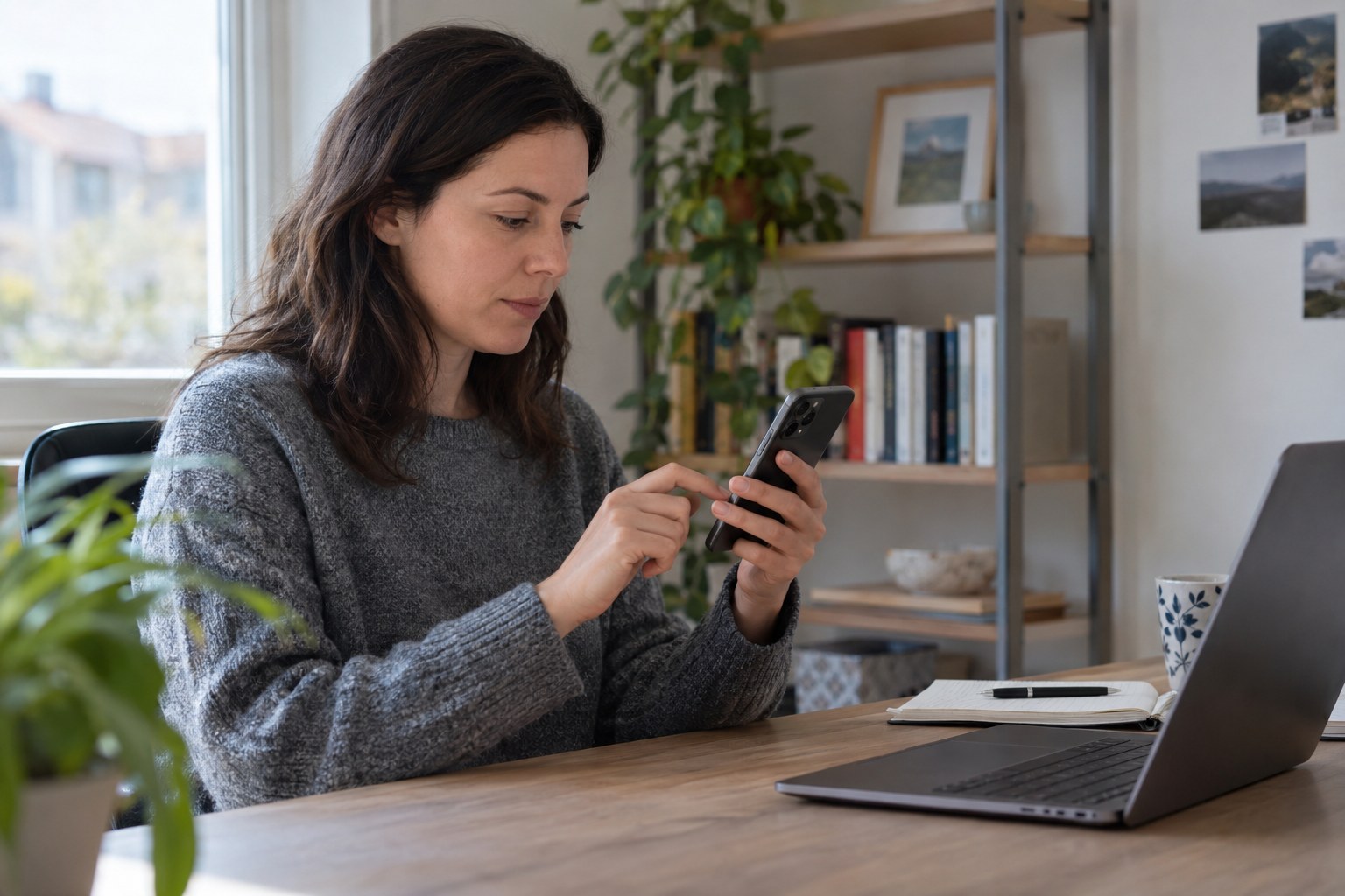 Eine Frau bedient ihr Smartphone am Schreibtisch.