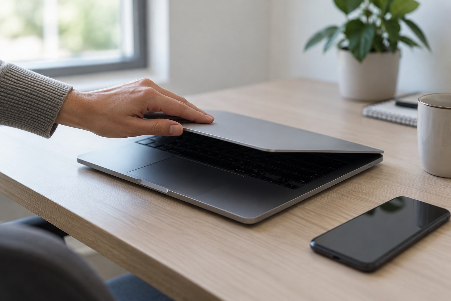 Eine Hand schließt einen Laptop neben einem Smartphone.