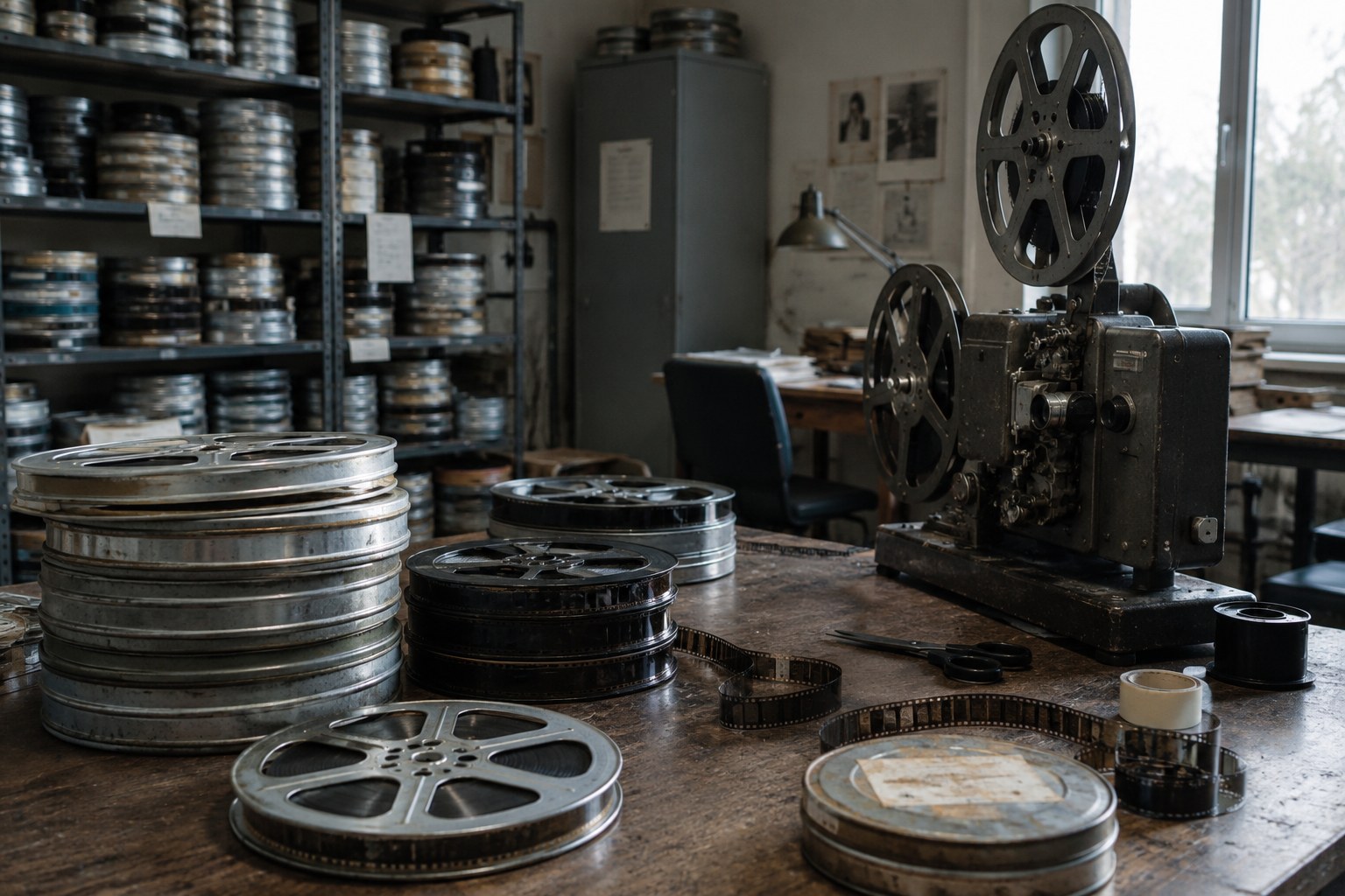 Filmrollen und ein Projektor in einem Archivraum.