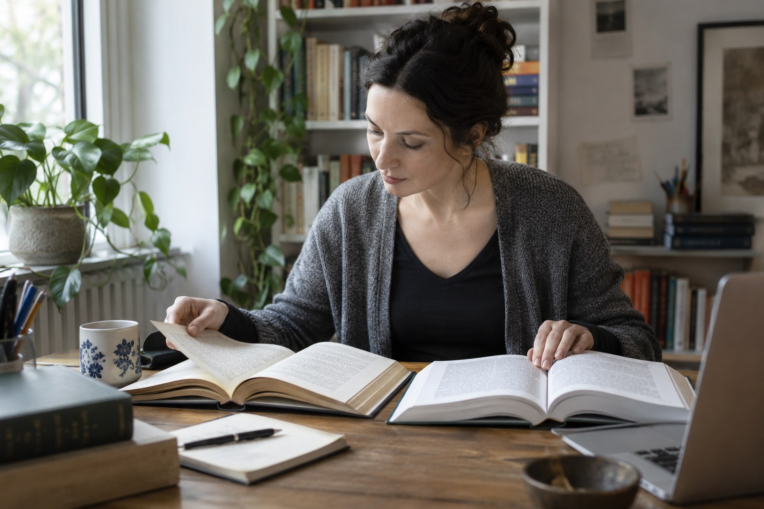 Eine Person arbeitet mit Büchern an einer Übersetzung.