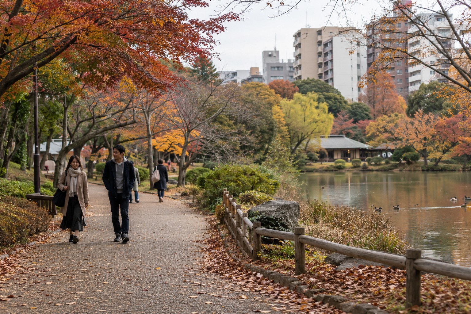 Menschen spazieren durch einen japanischen Stadtpark.