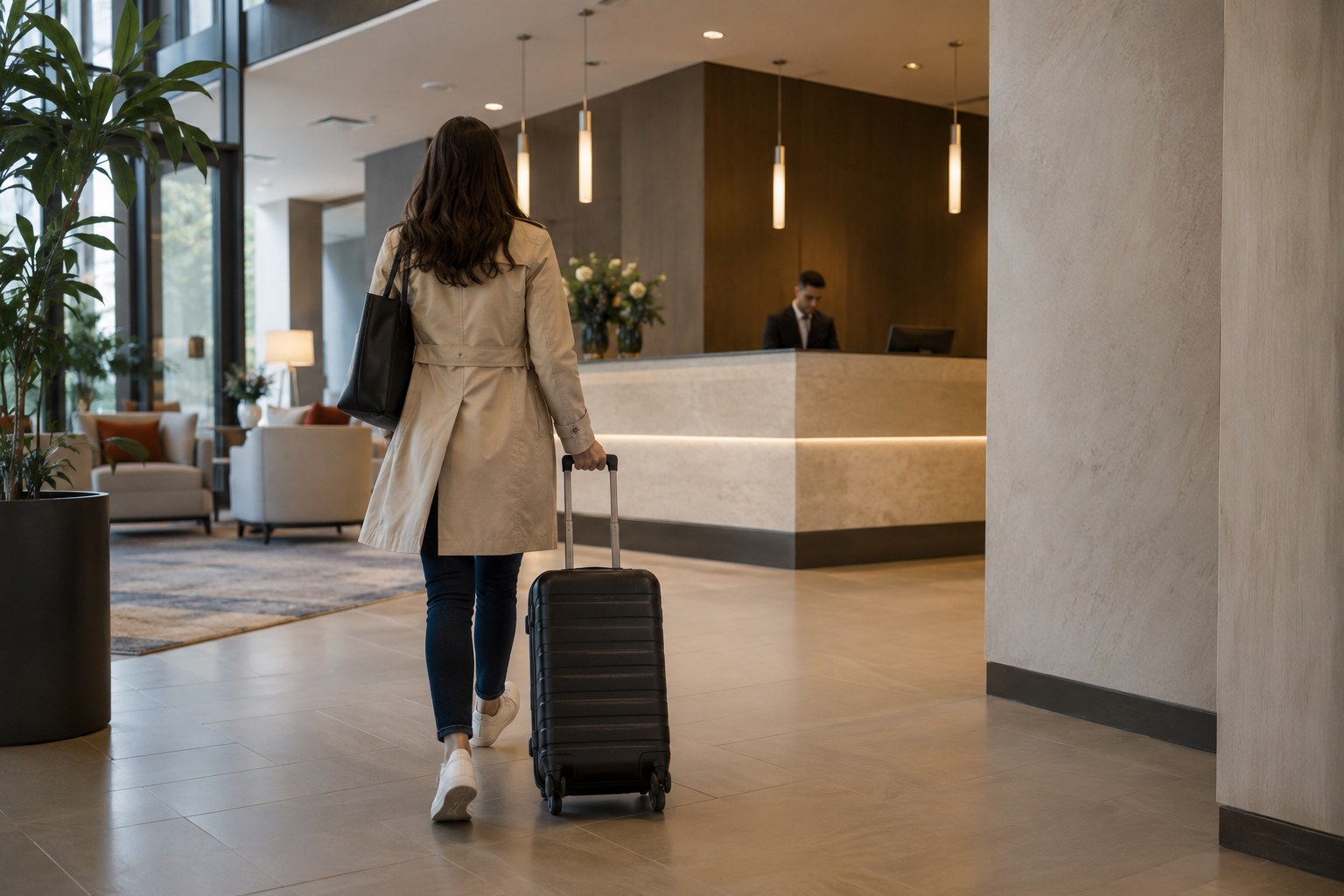 Eine Reisende mit Koffer in einer Hotellobby.