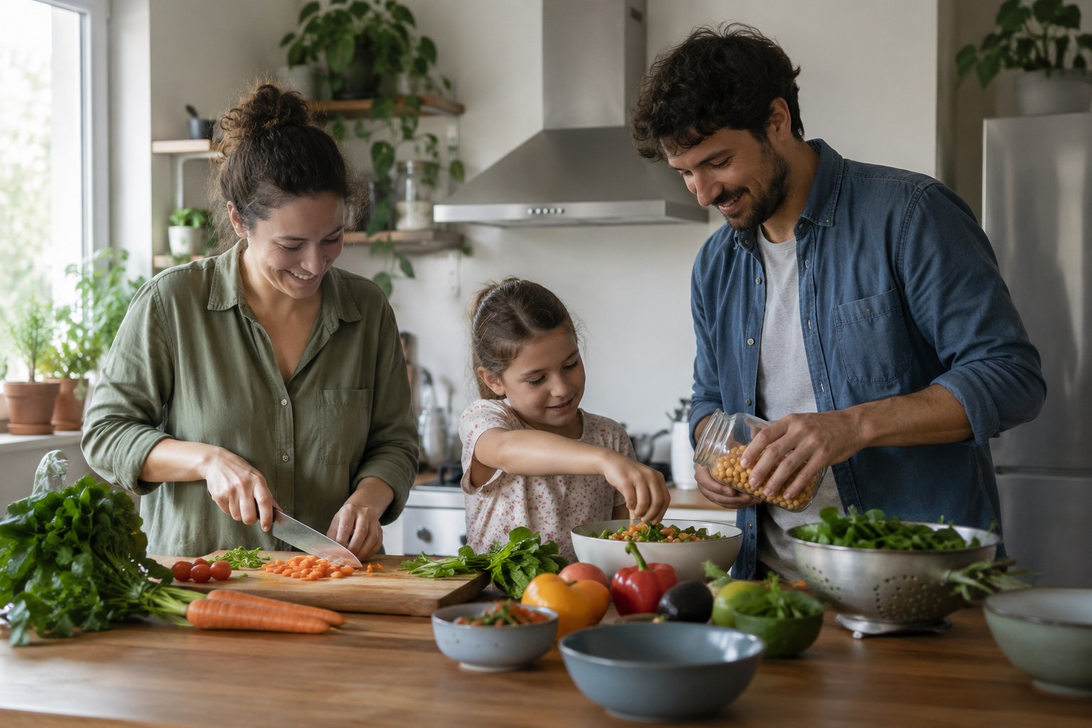 Eine Familie bereitet gemeinsam Gemüse zu.
