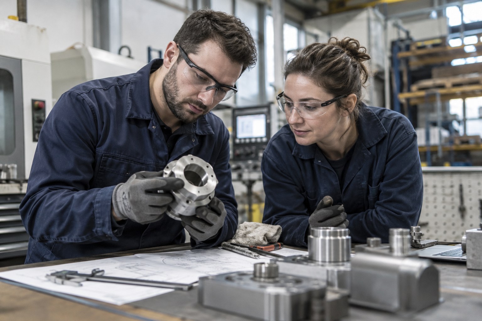 Zwei Beschäftigte untersuchen ein Metallbauteil in einer Werkstatt.