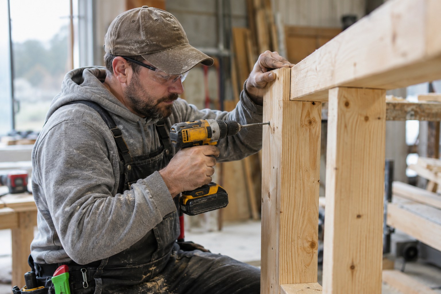 Ein Handwerker verschraubt einen Holzrahmen.
