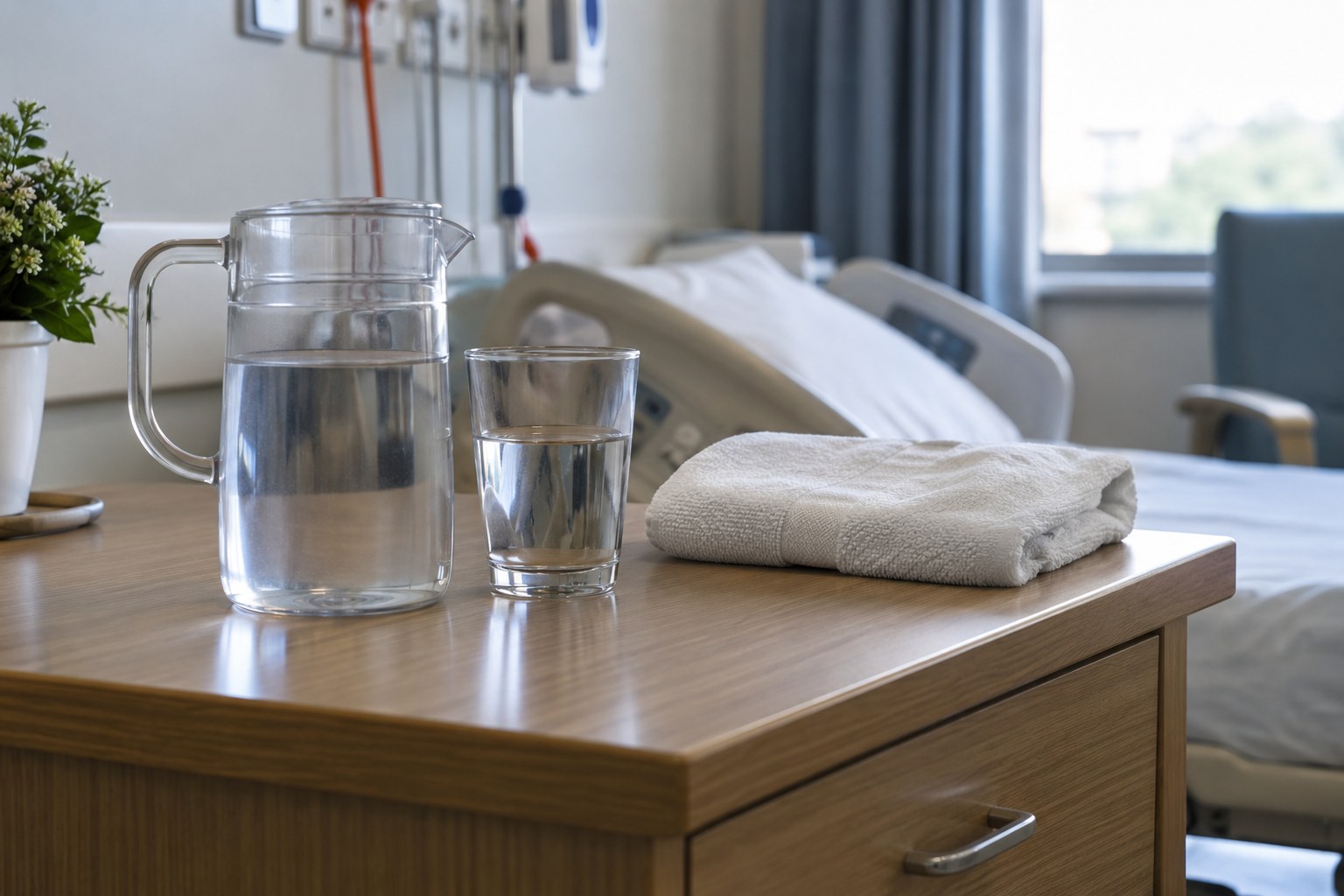 Wasserkrug und Glas auf einem Krankenhaus-Nachttisch.