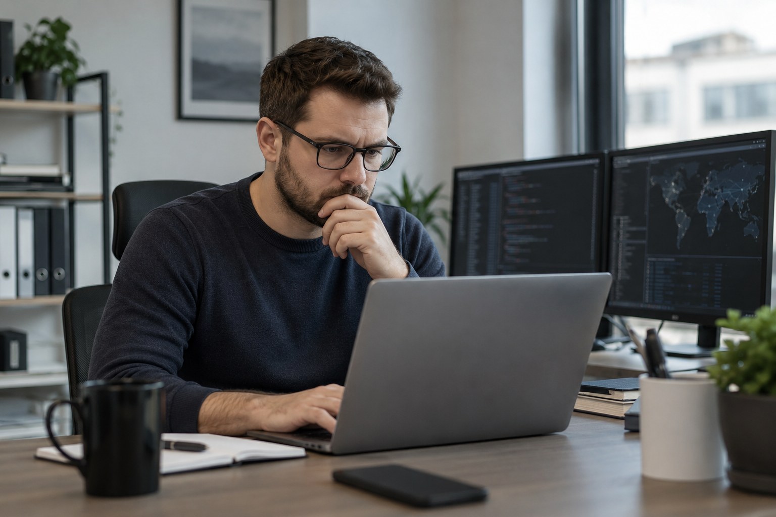 Eine IT-Fachkraft arbeitet an einem Laptop.
