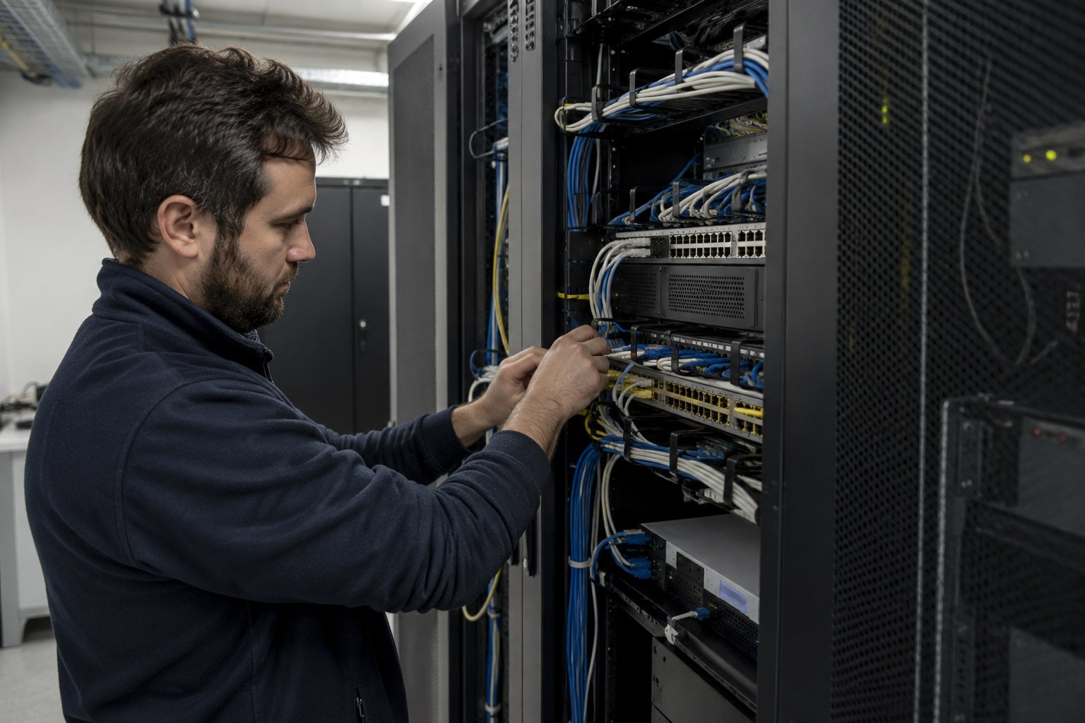 Netzwerktechnik in einem kleinen Serverraum.