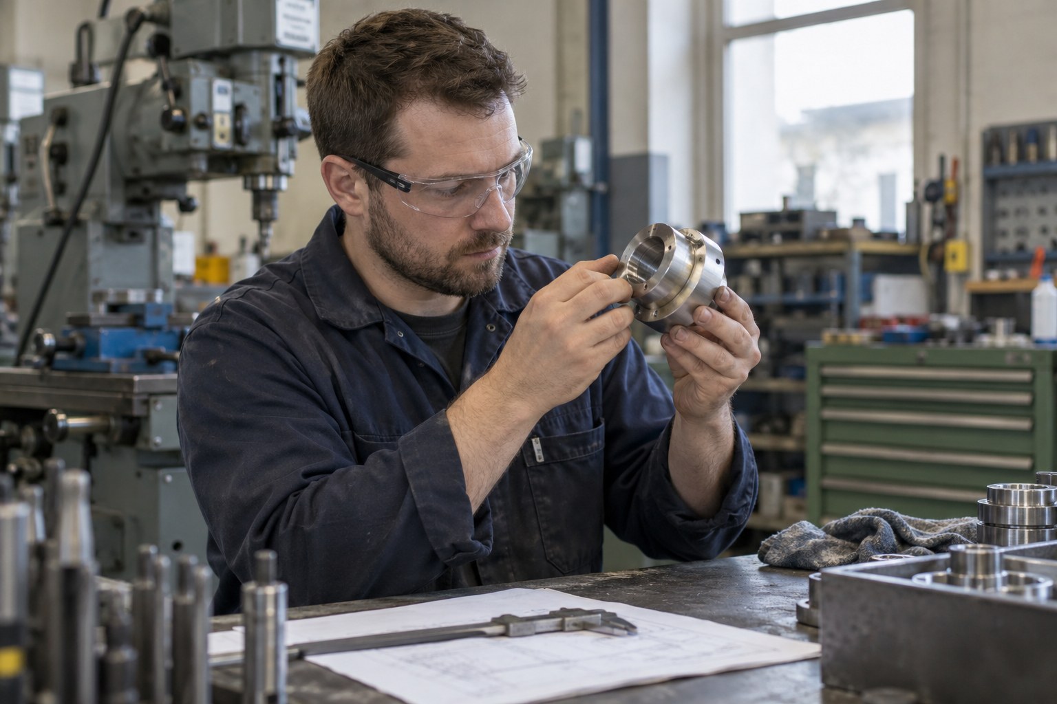 Ein Metallarbeiter prüft ein gefertigtes Bauteil.