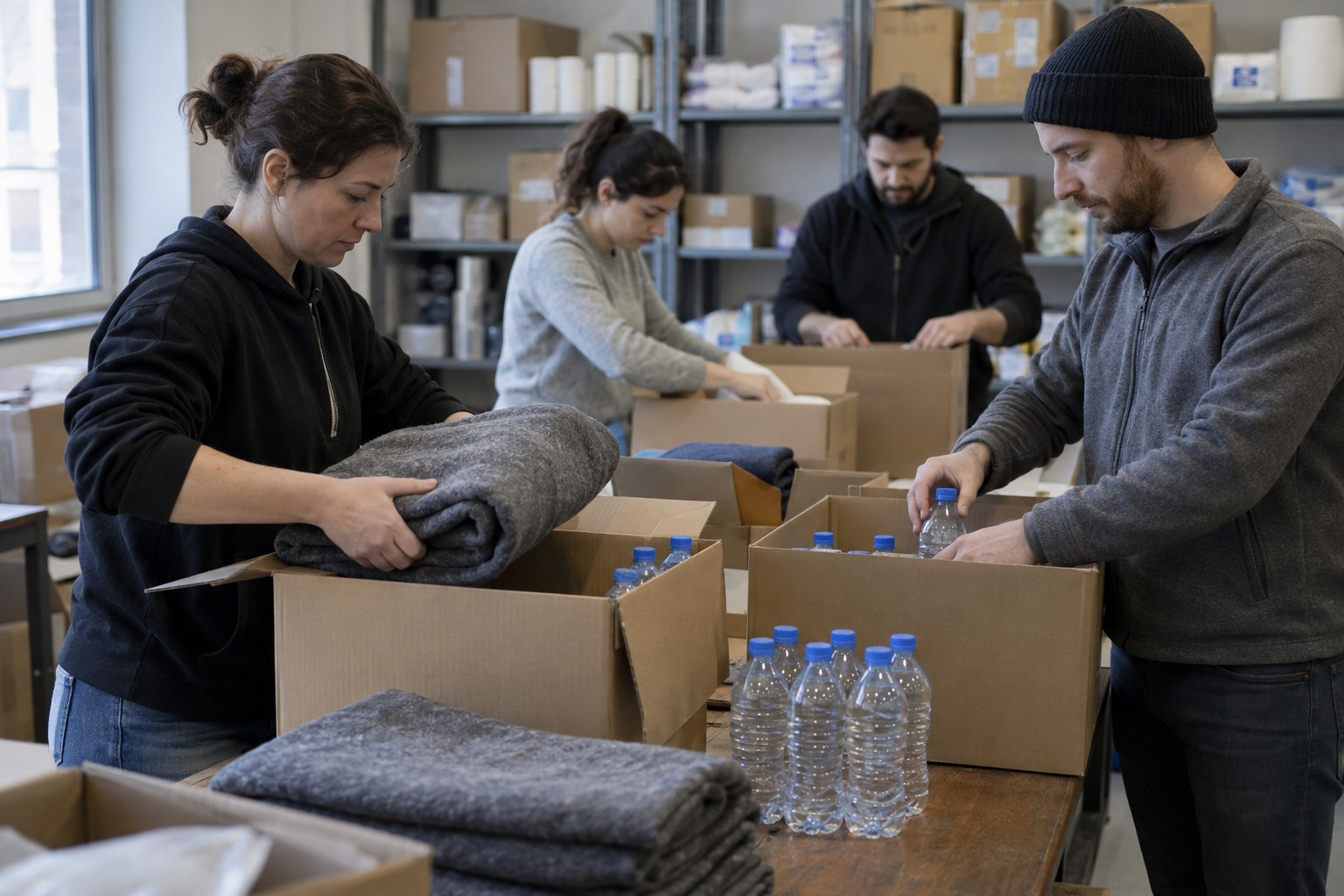 Freiwillige verpacken Decken und Trinkwasser.