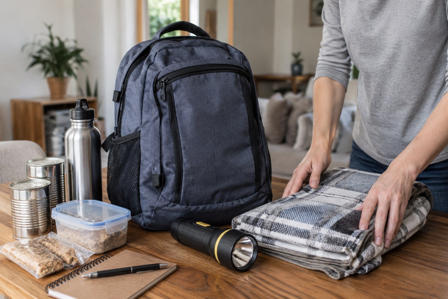 Notfallrucksack, Taschenlampe und Decke auf einem Tisch.