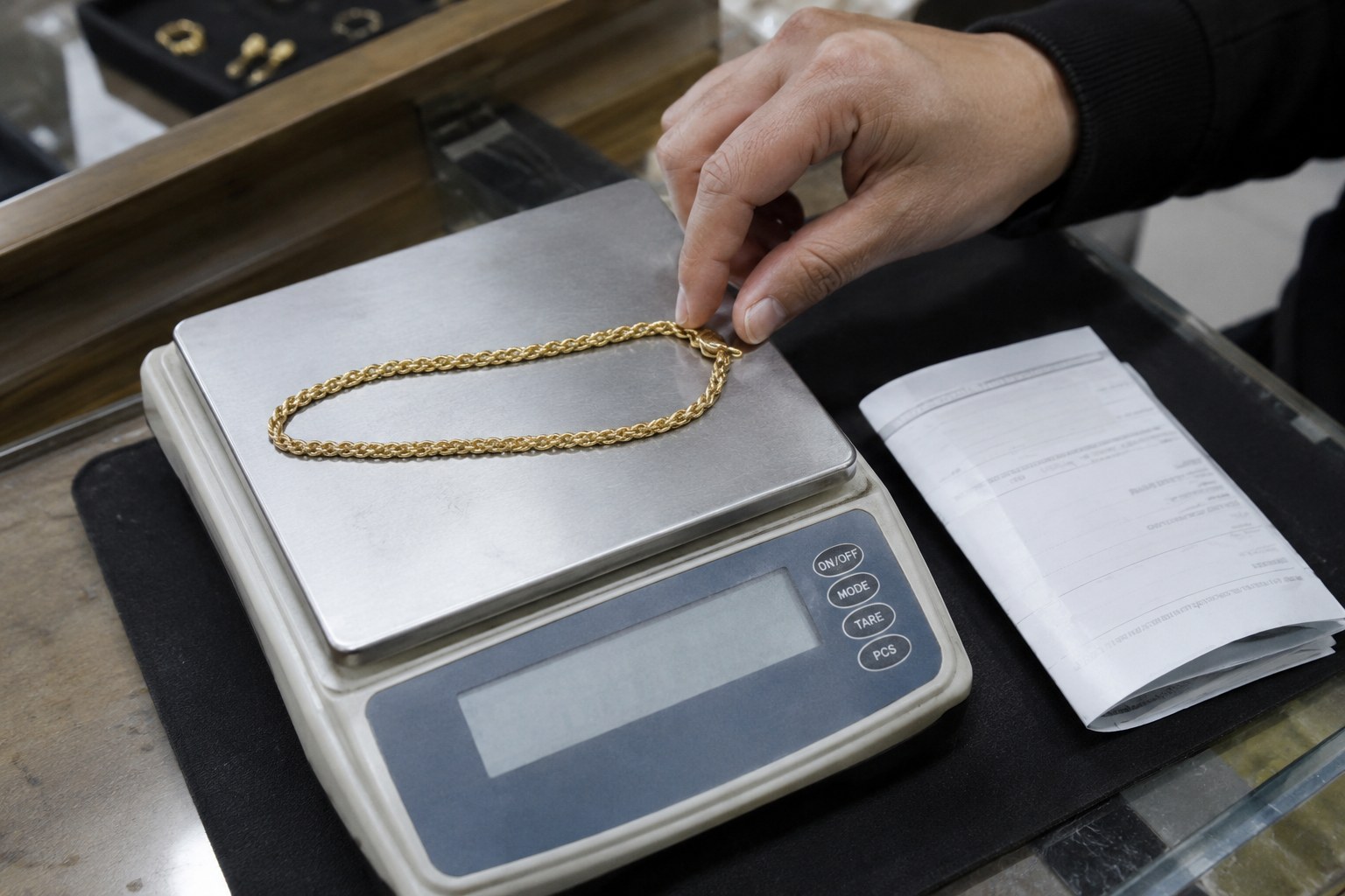 Goldkette und Dokument an einem Schmuck-Wiegetisch.