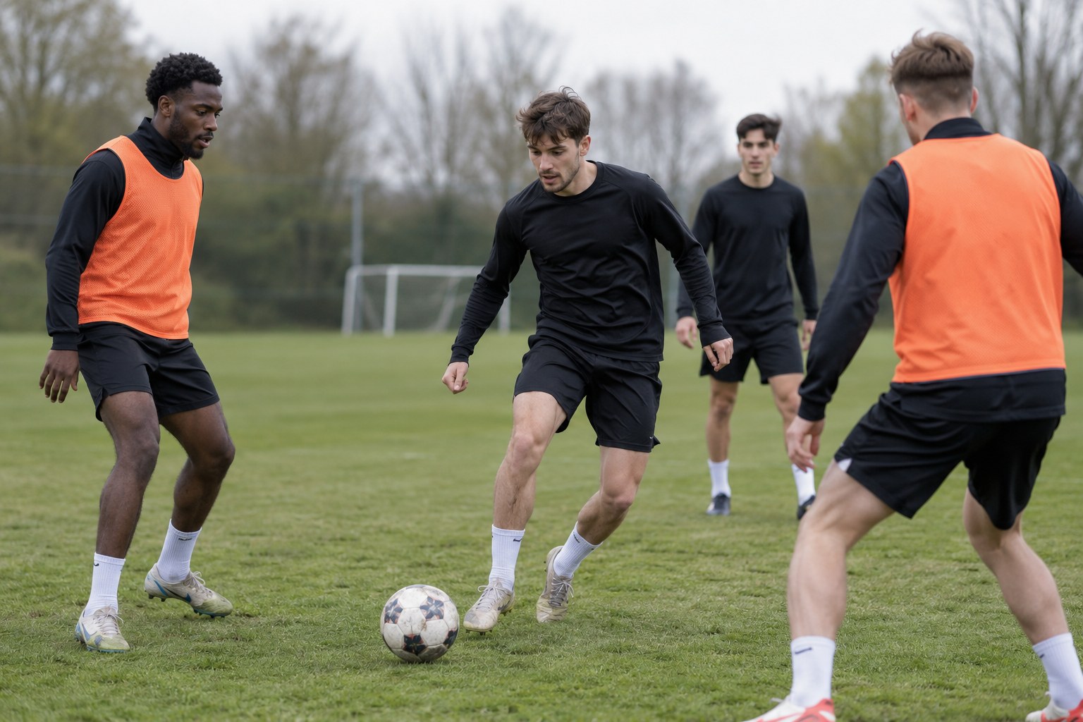 Erwachsene Fußballspieler trainieren auf einem Rasenplatz.