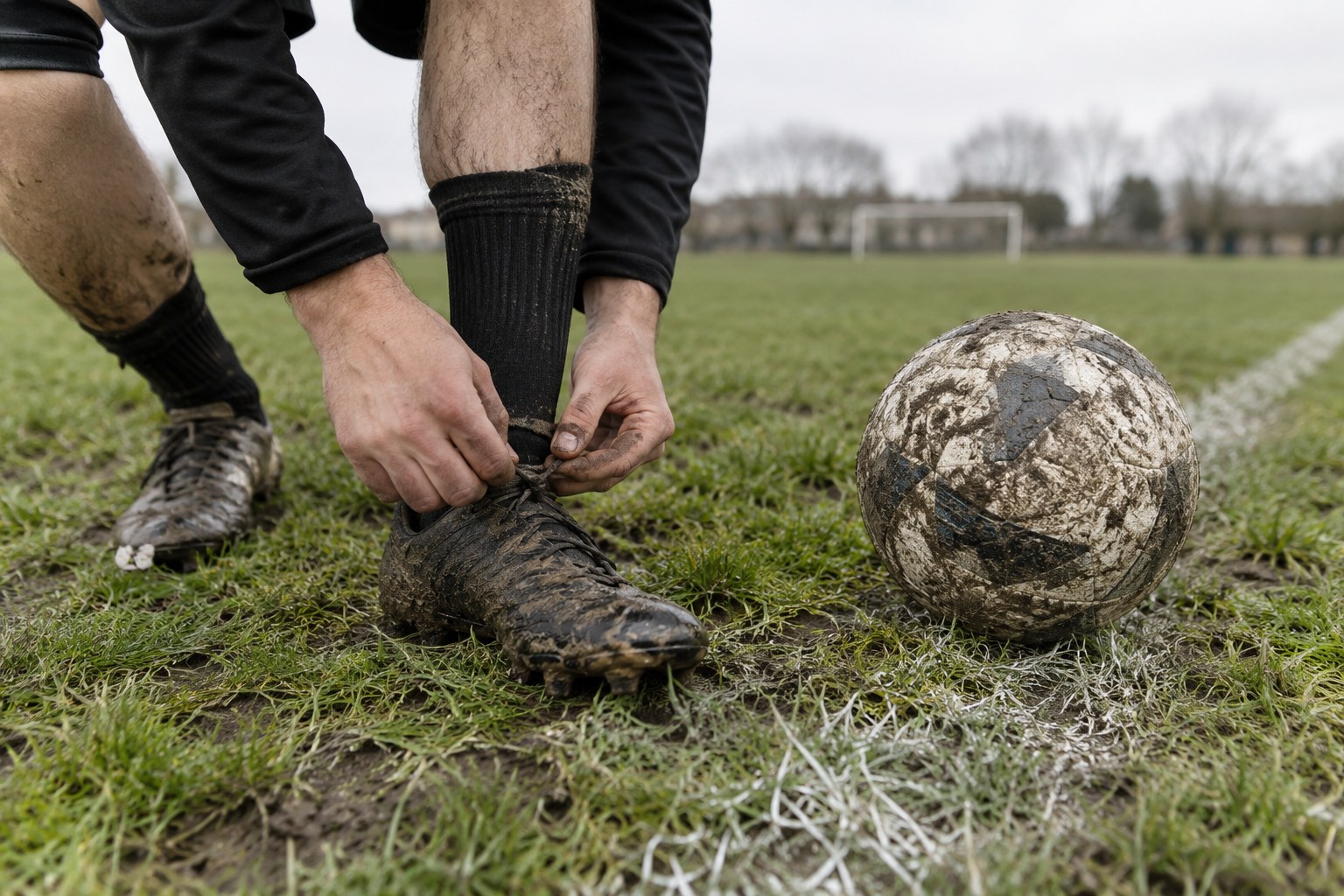 Ein Spieler bindet seine Fußballschuhe neben einem Ball.