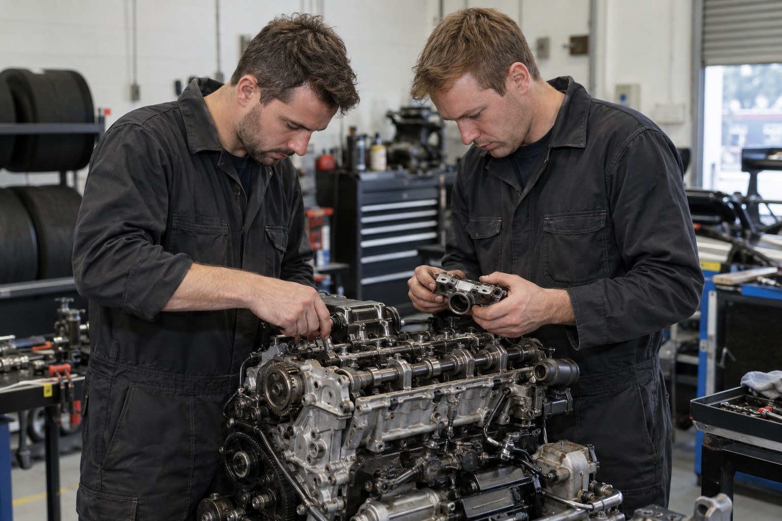 Mechaniker untersuchen Motorteile in einer Werkstatt.