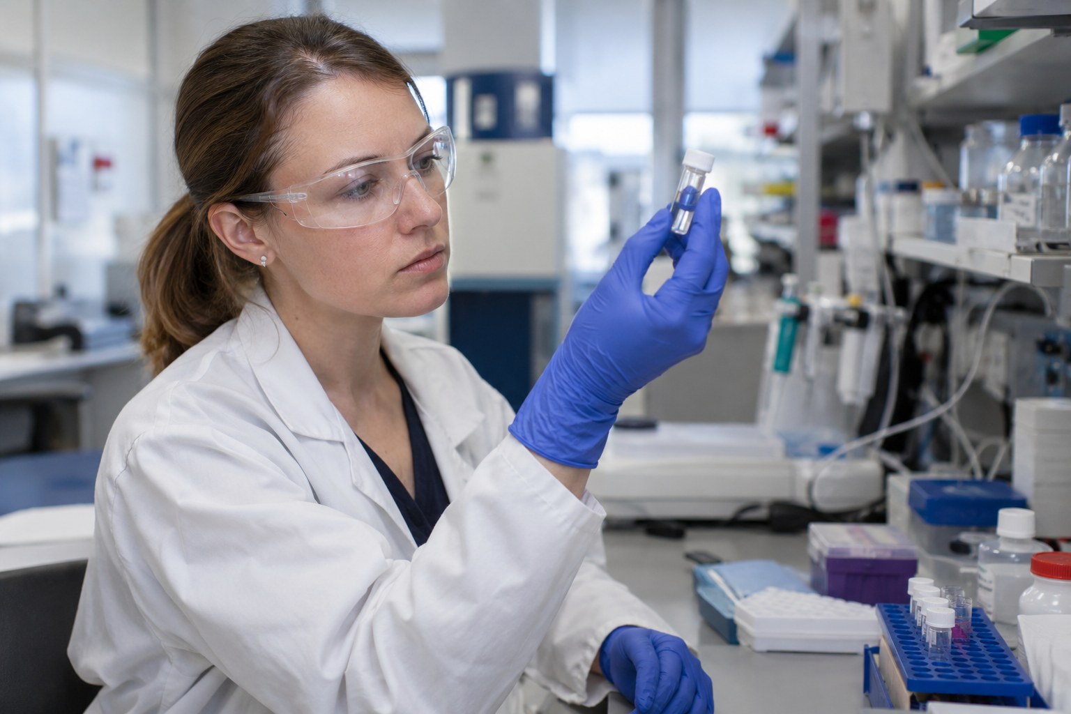 Eine Chemikerin untersucht ein verschlossenes Glasröhrchen.