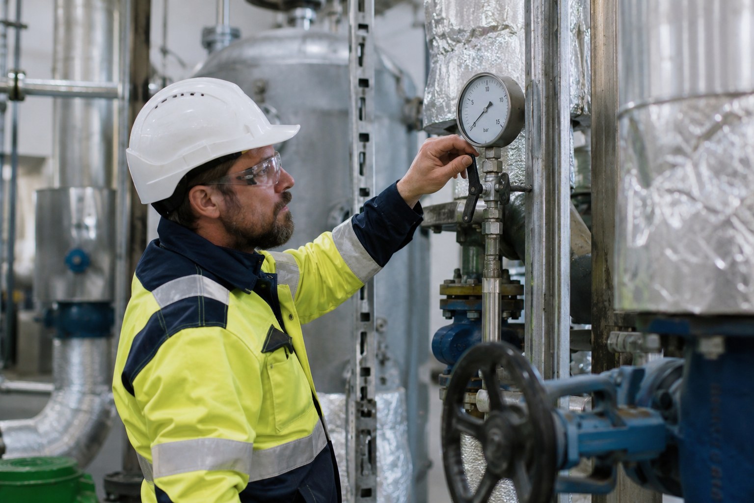 Ein Mitarbeiter prüft ein Manometer an einer Industrieanlage.