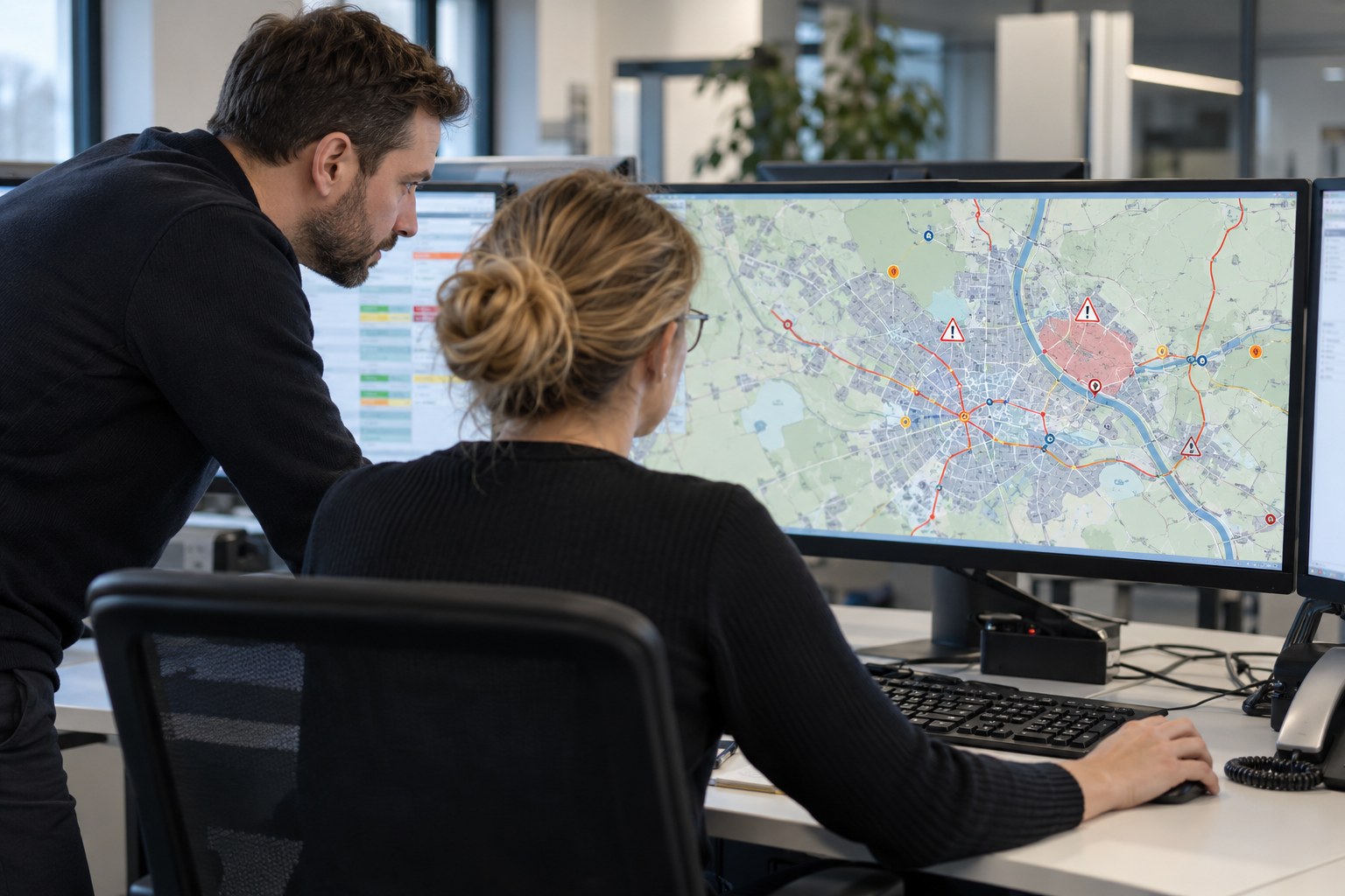 Mitarbeiter verfolgen Informationen an einem Computerarbeitsplatz.