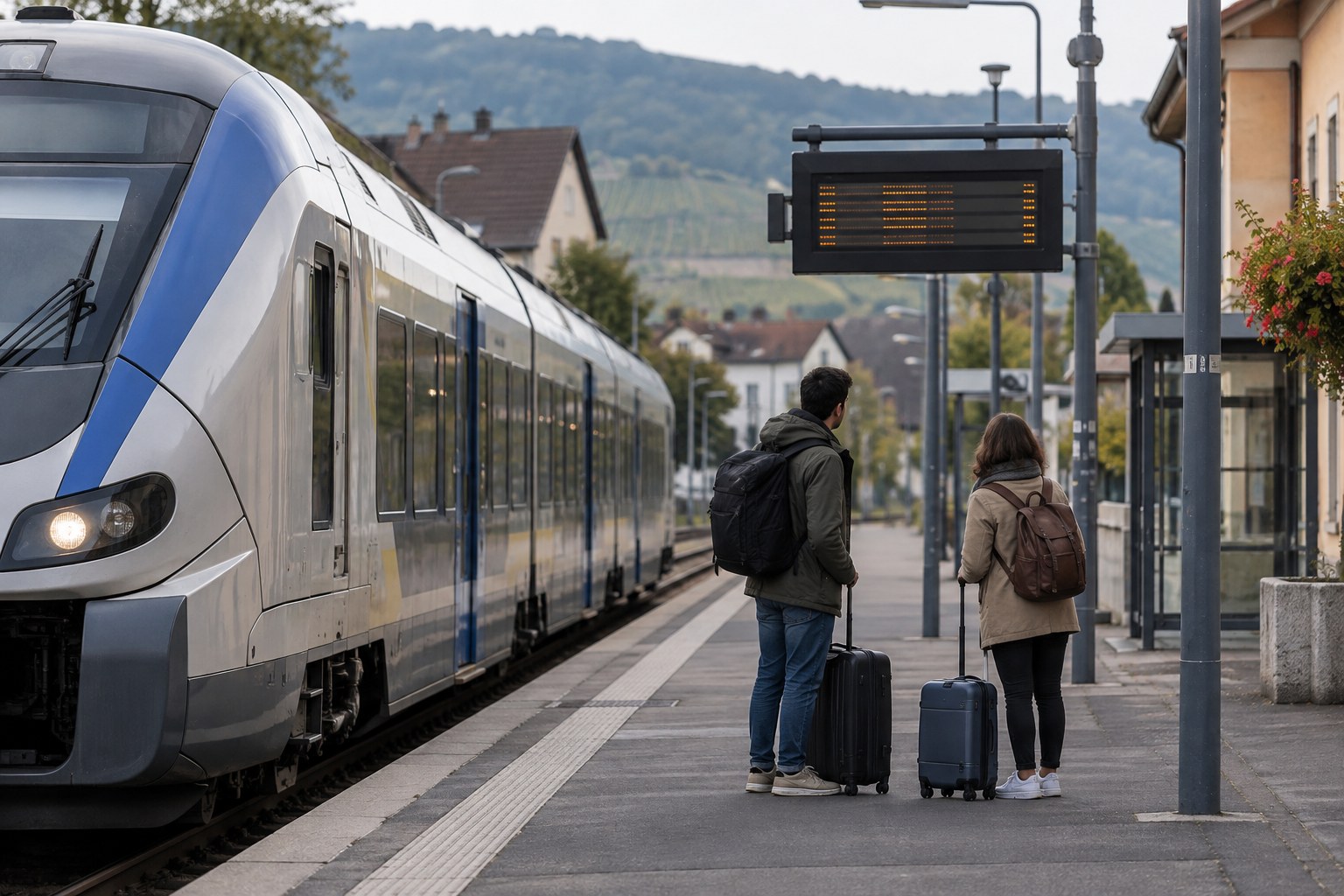 Ein Regionalzug an einem Bahnsteig.