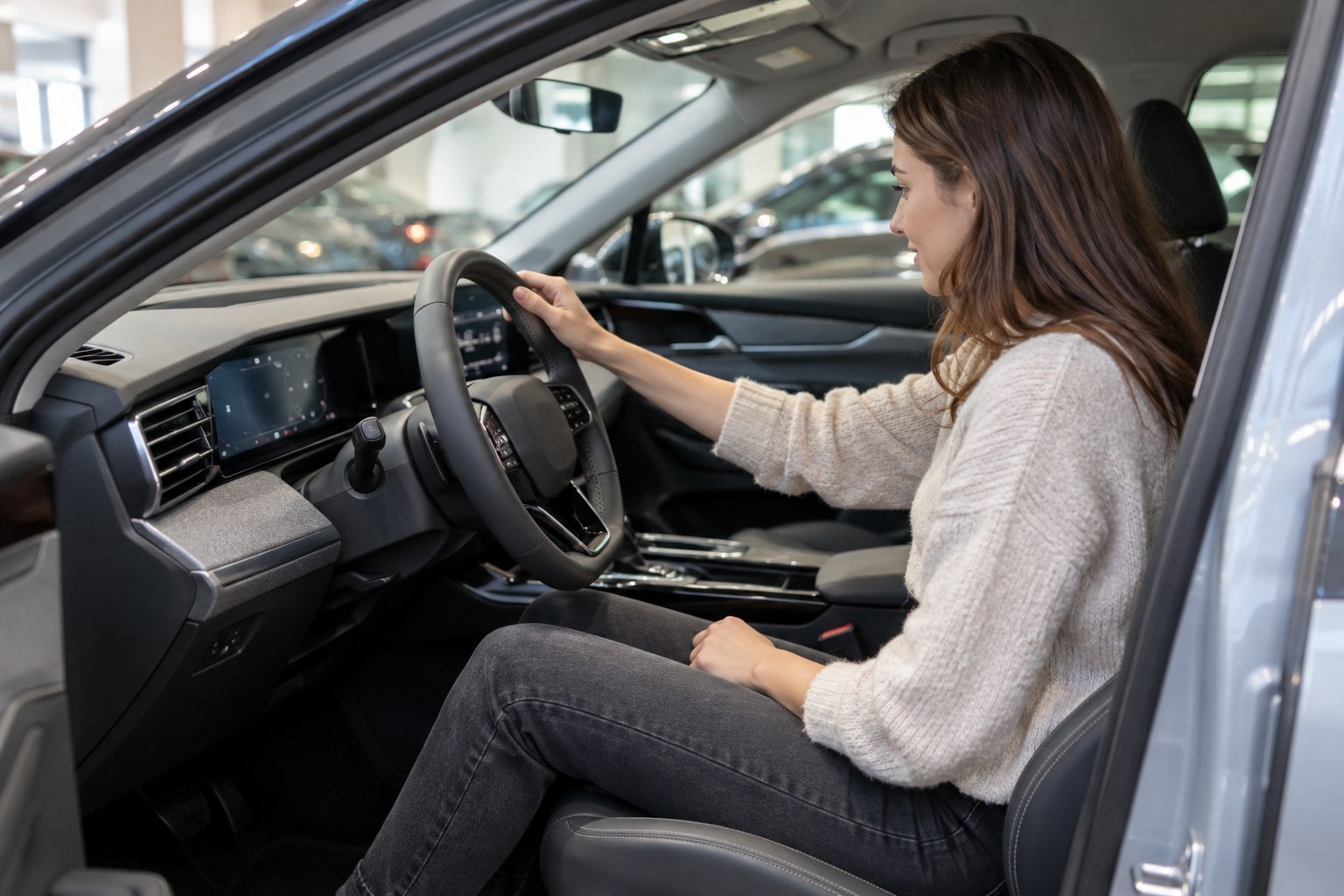 Eine Frau erprobt den Fahrerplatz eines ausgestellten Autos.