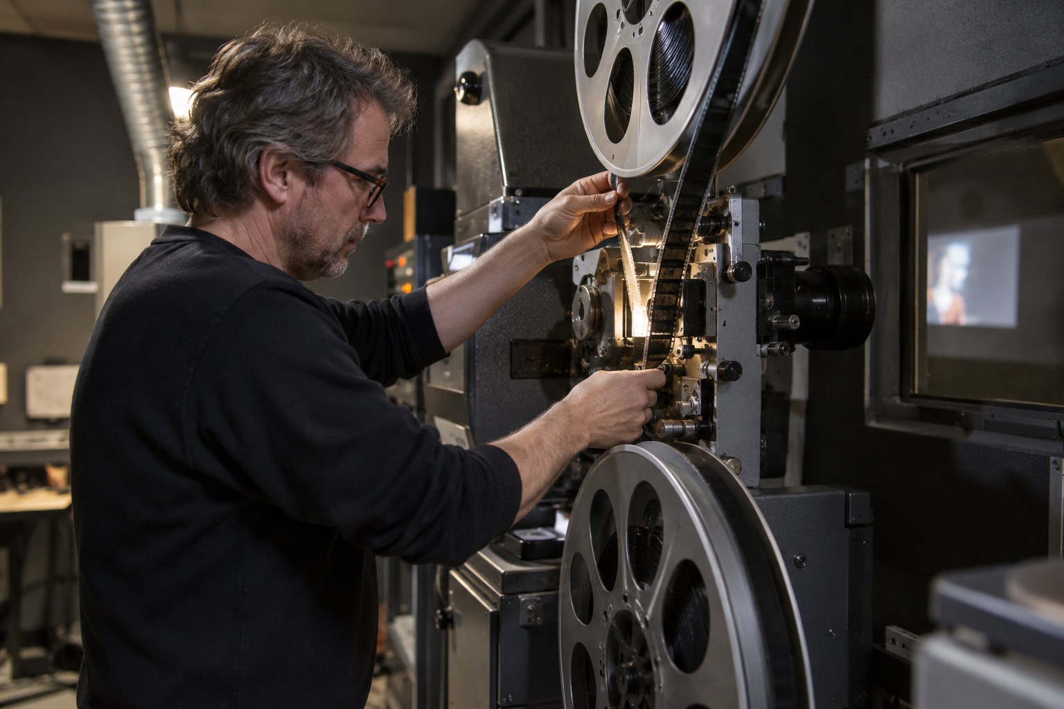 Ein Filmvorführer prüft einen Filmstreifen.