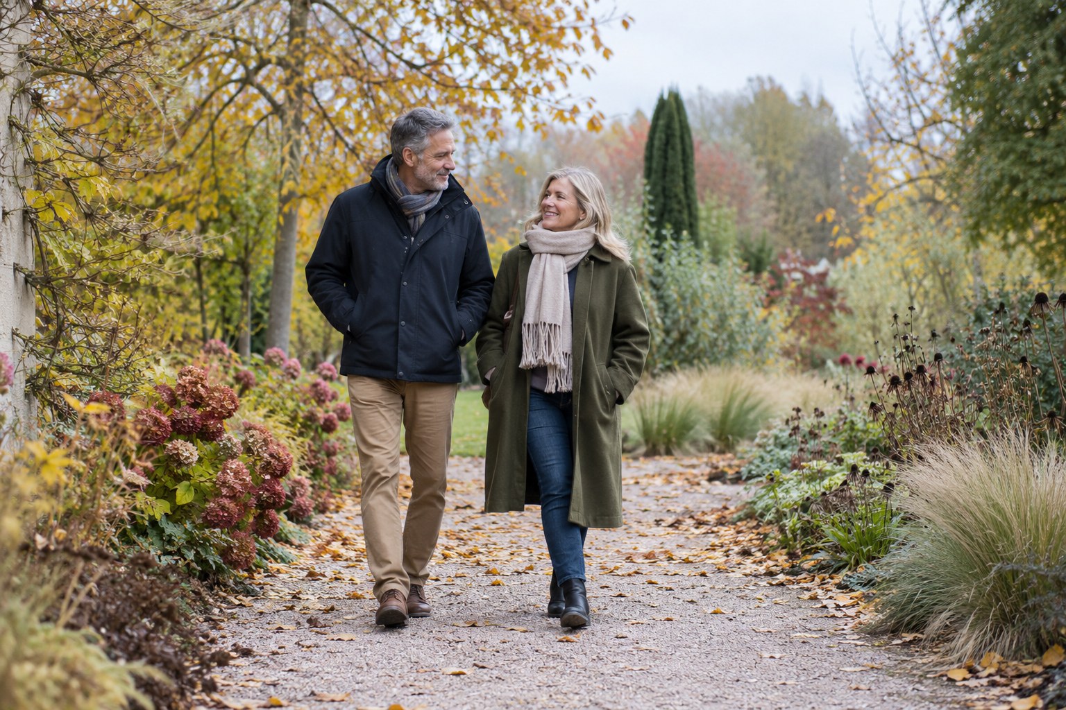 Spaziergänger auf einem herbstlichen Gartenweg.