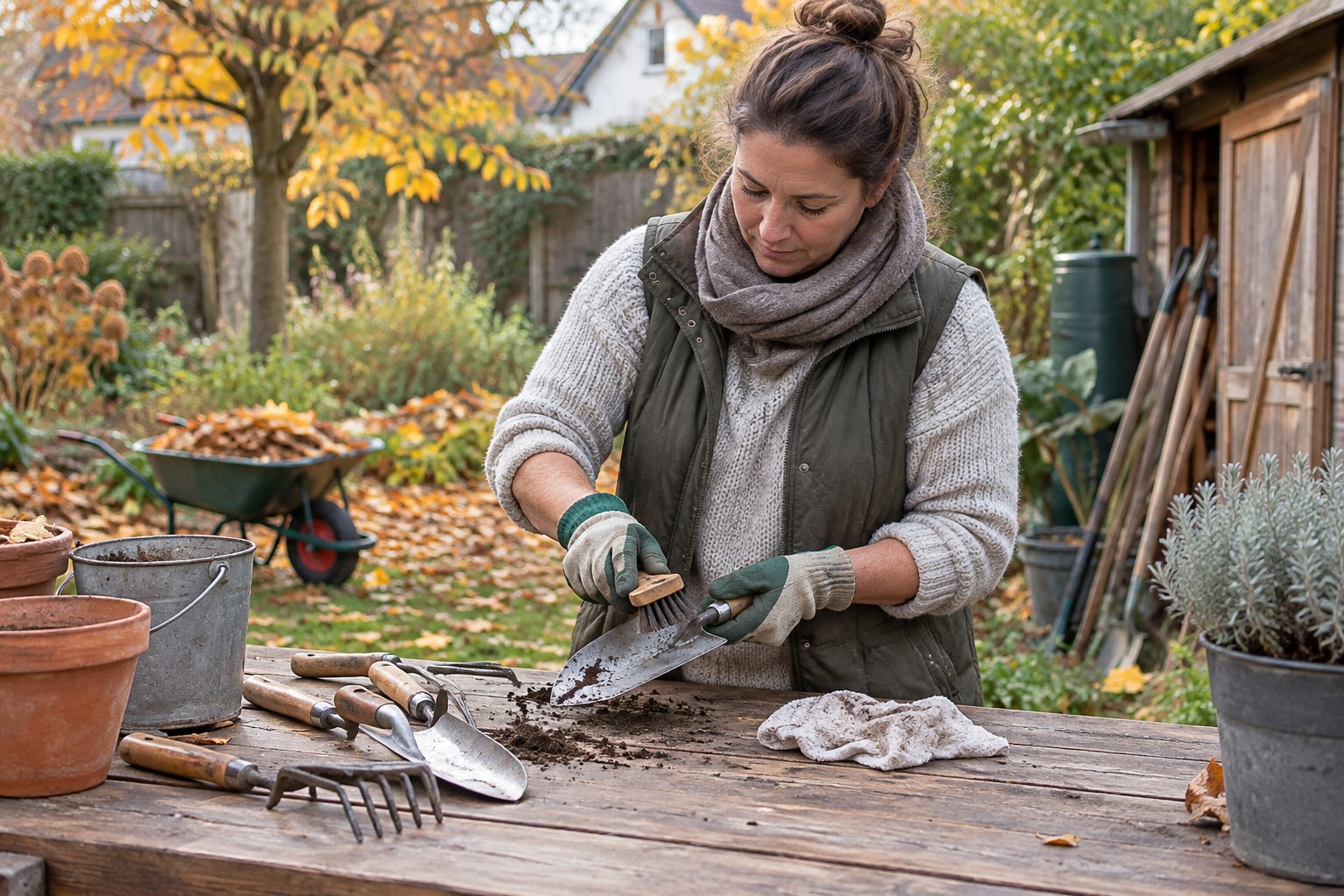Eine Frau reinigt Gartenwerkzeug an einem Arbeitstisch.