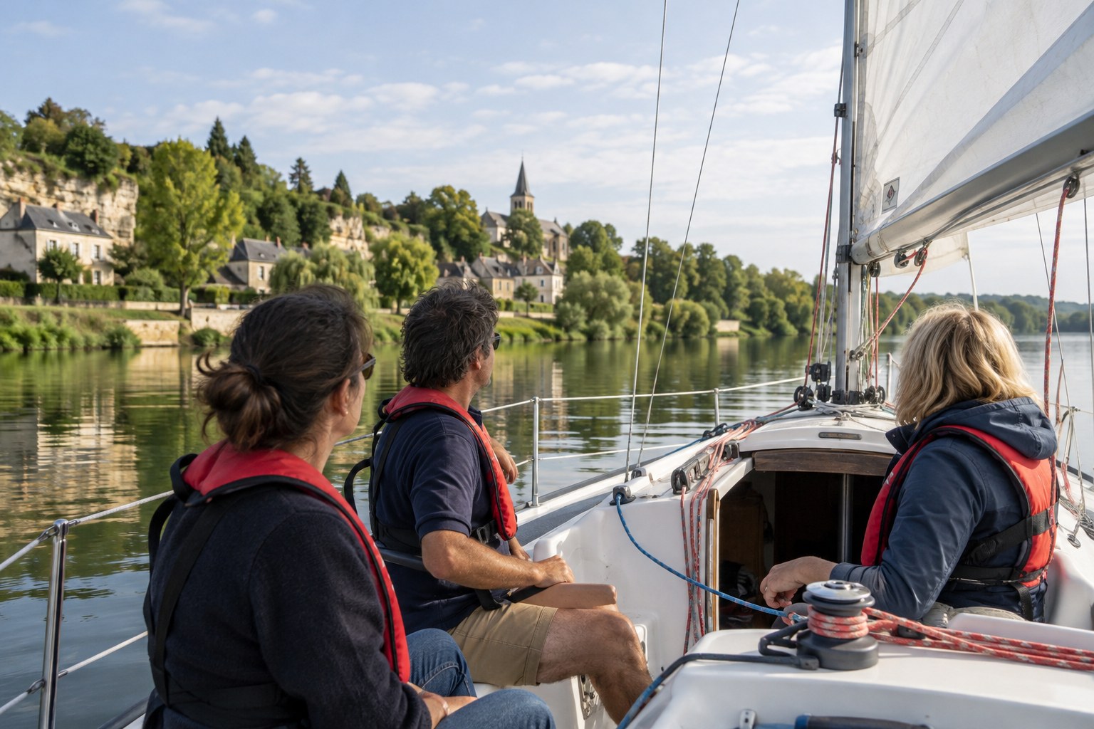 Menschen mit Rettungswesten auf einem Segelboot.