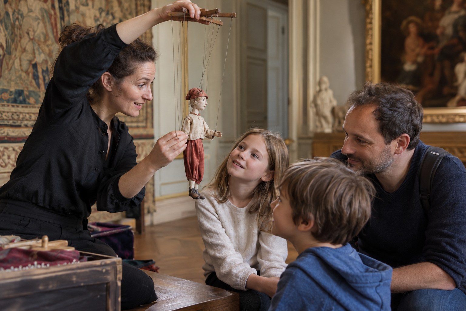 Ein Puppenspieler spielt vor Familienpublikum.