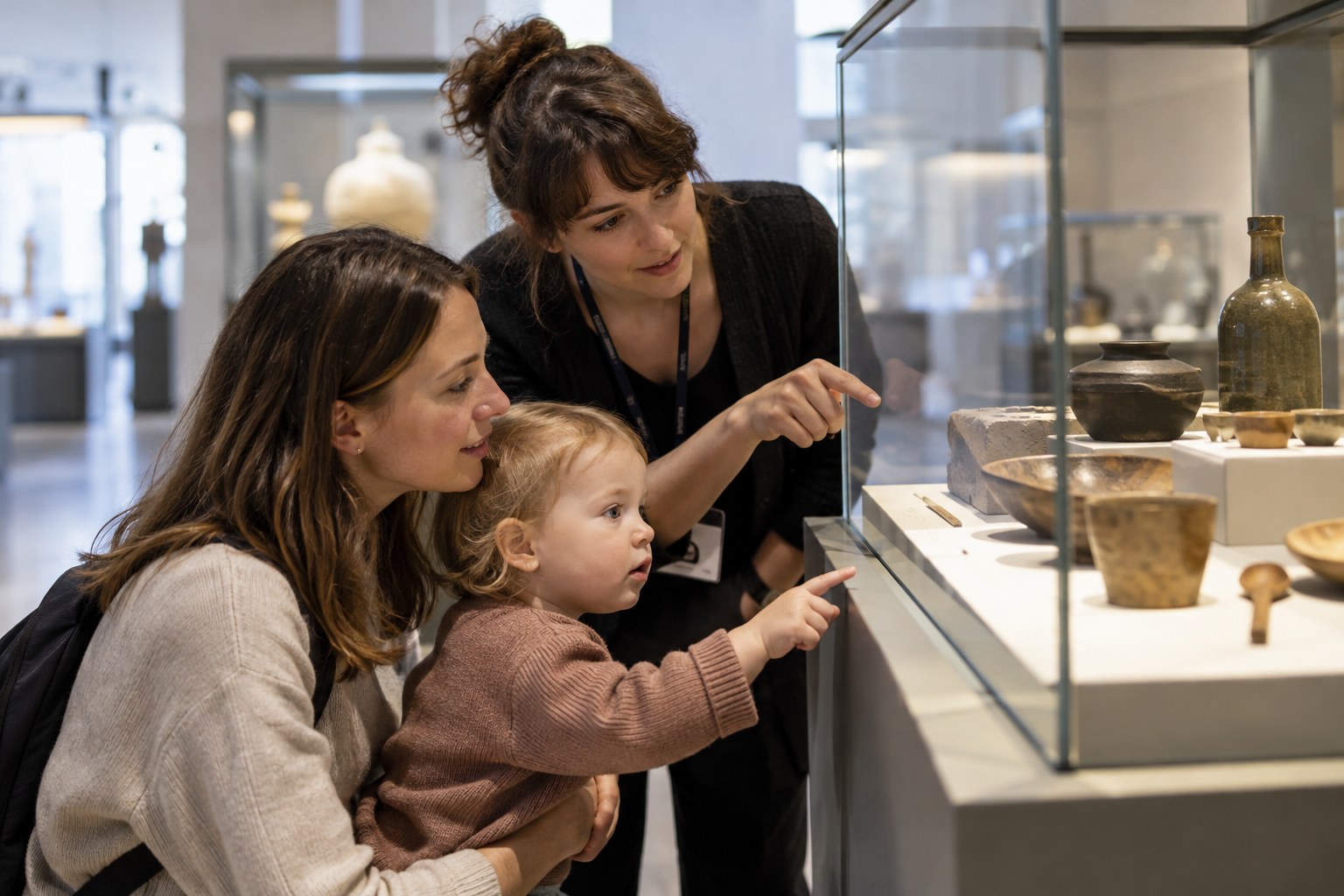 Ein Kleinkind entdeckt mit einer Begleitperson Gegenstände im Museum.