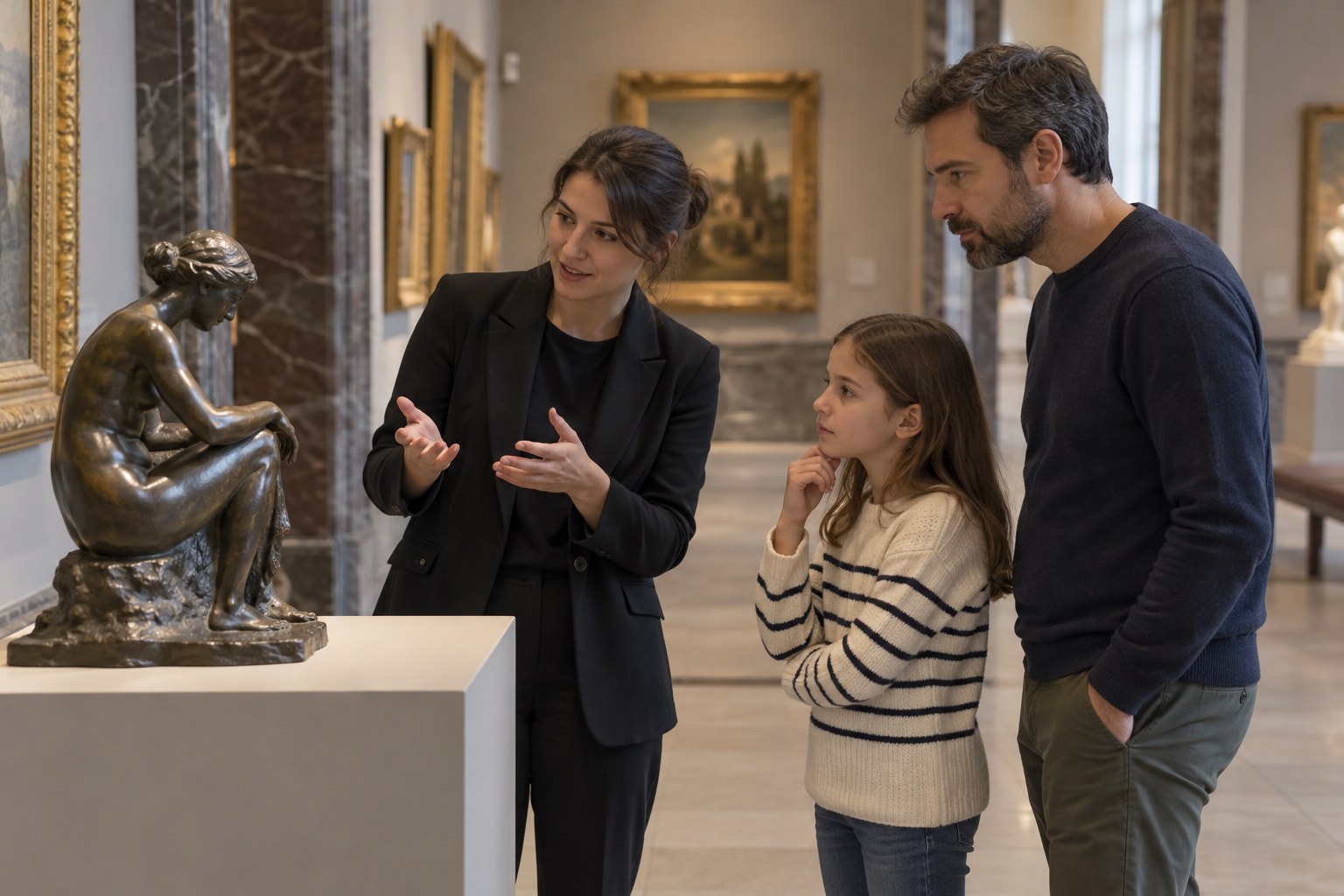 Eine Kunstvermittlerin betrachtet mit einer Familie eine Skulptur.