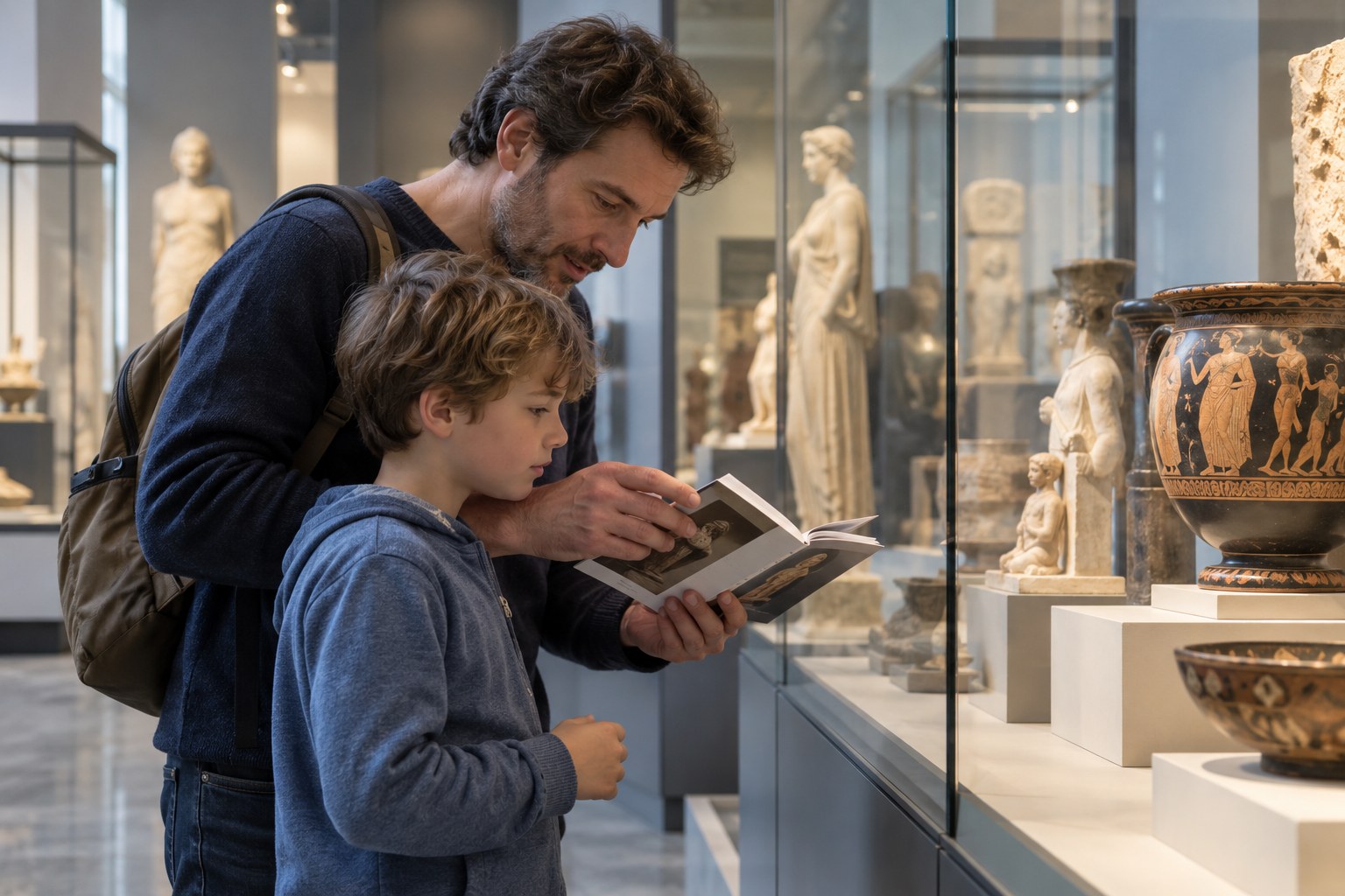 Vater und Kind lesen gemeinsam einen Museumsführer.