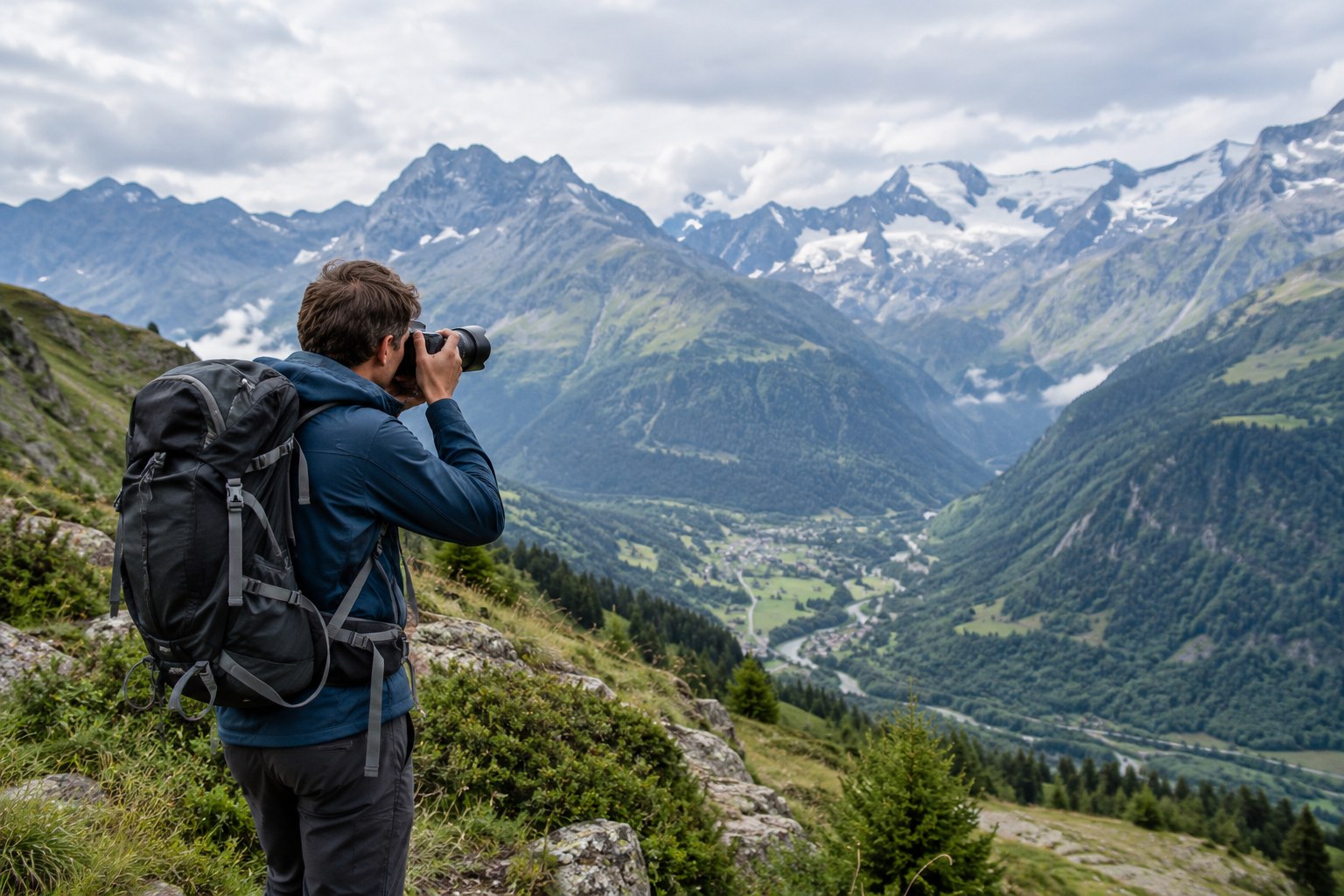 Ein Fotograf richtet seine Kamera auf eine alpine Landschaft.