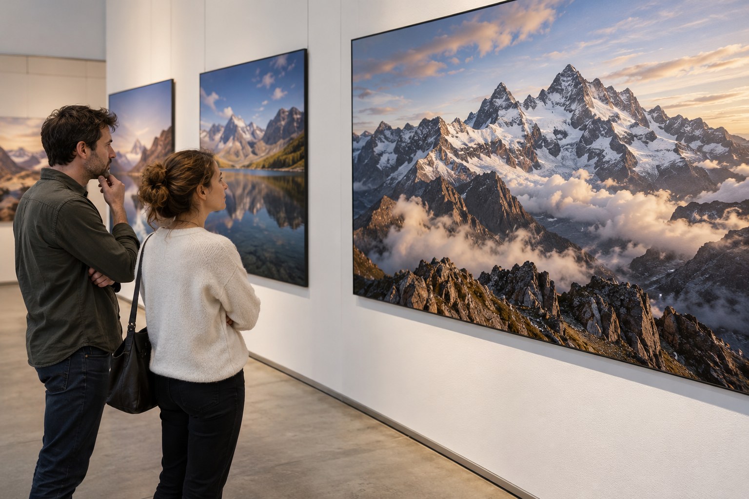 Besucher betrachten großformatige Berglandschaften in einer Galerie.
