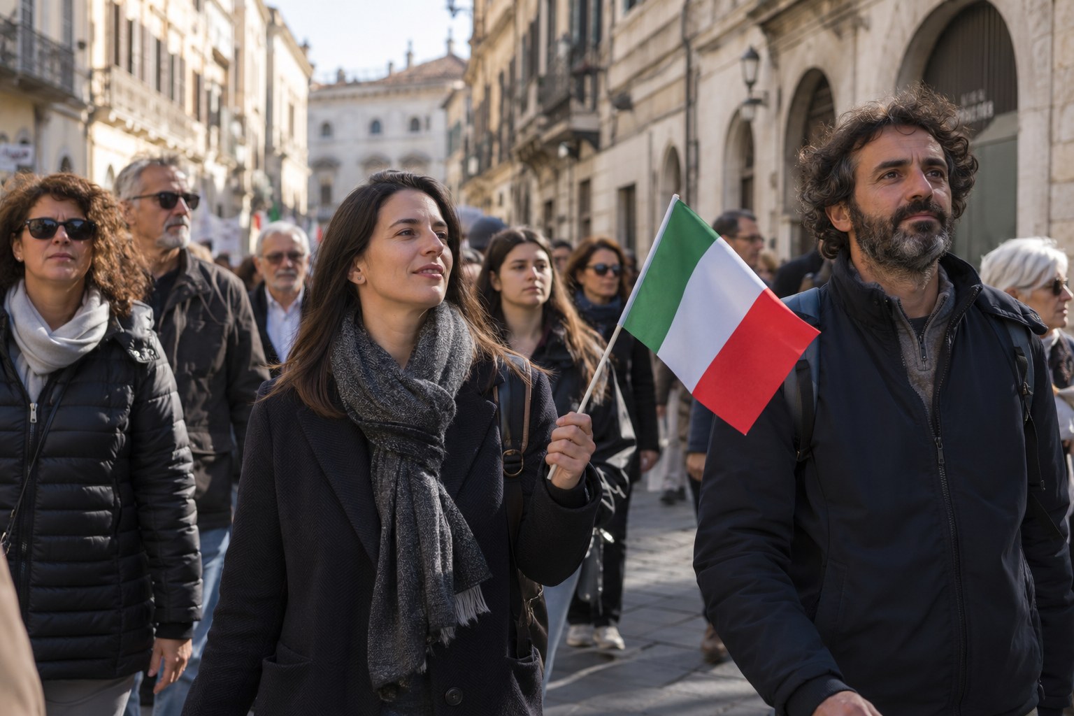 Menschen mit einer italienischen Fahne bei einer friedlichen Versammlung.