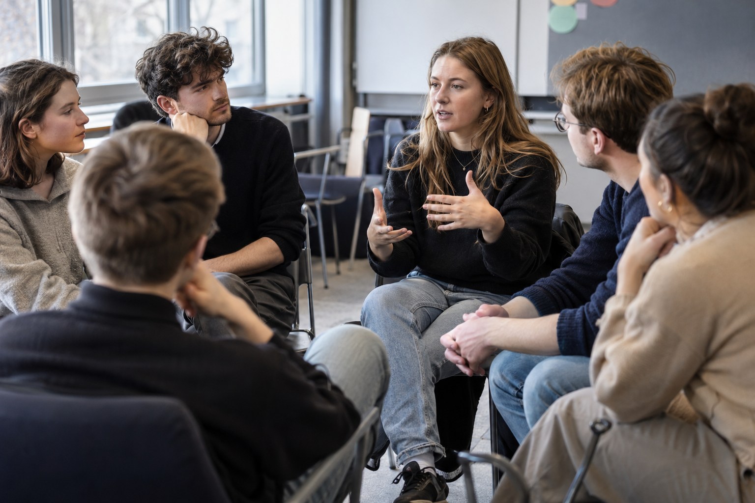 Junge Erwachsene diskutieren in einer Gesprächsrunde.