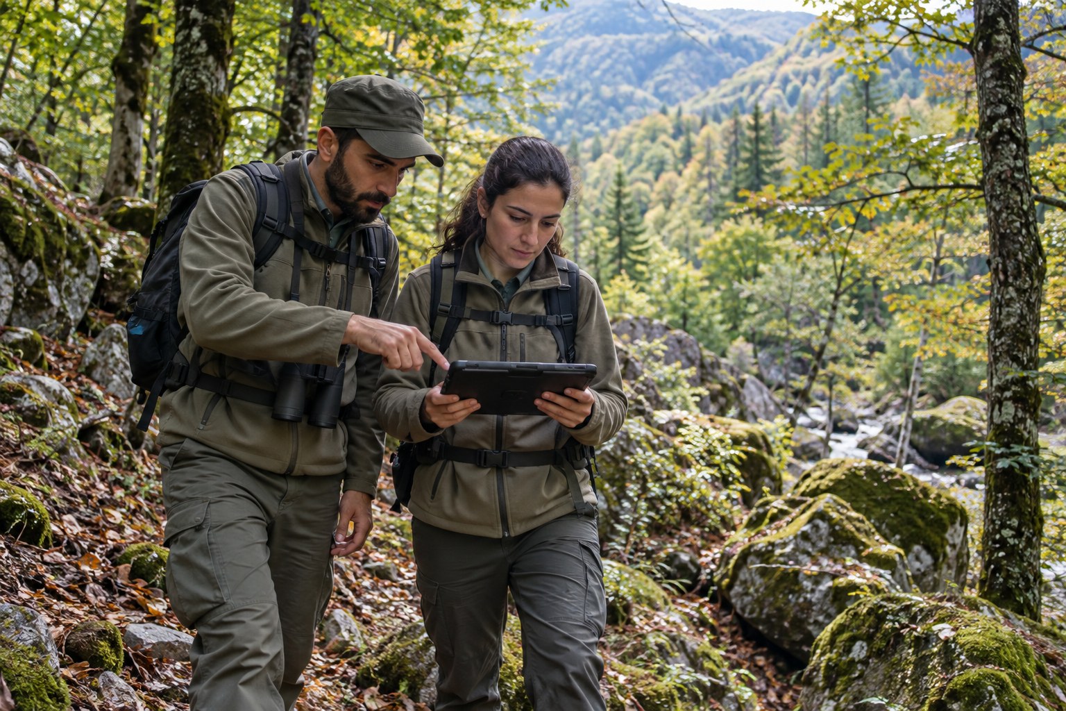 Zwei Ranger prüfen Informationen auf einem Tablet im Wald.