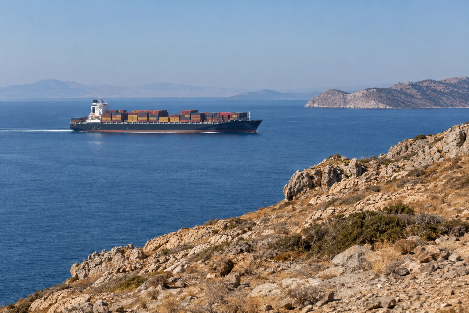Ein Containerschiff passiert eine felsige Küste.