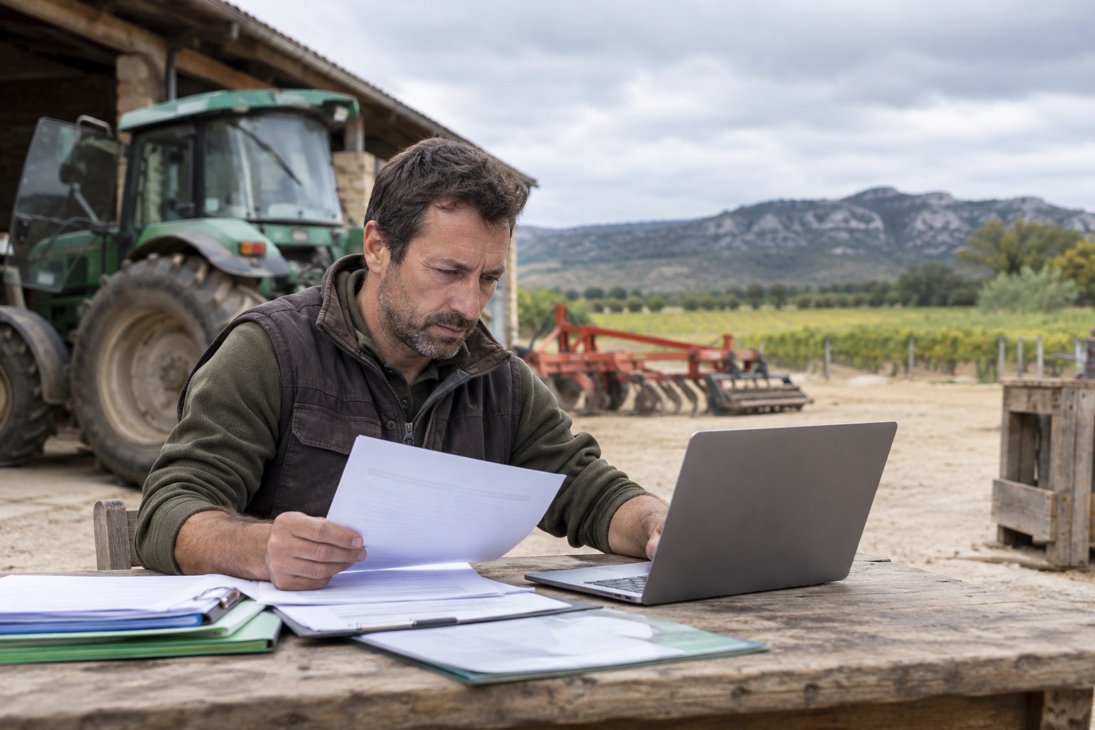Ein Landwirt prüft am Laptop Unterlagen.