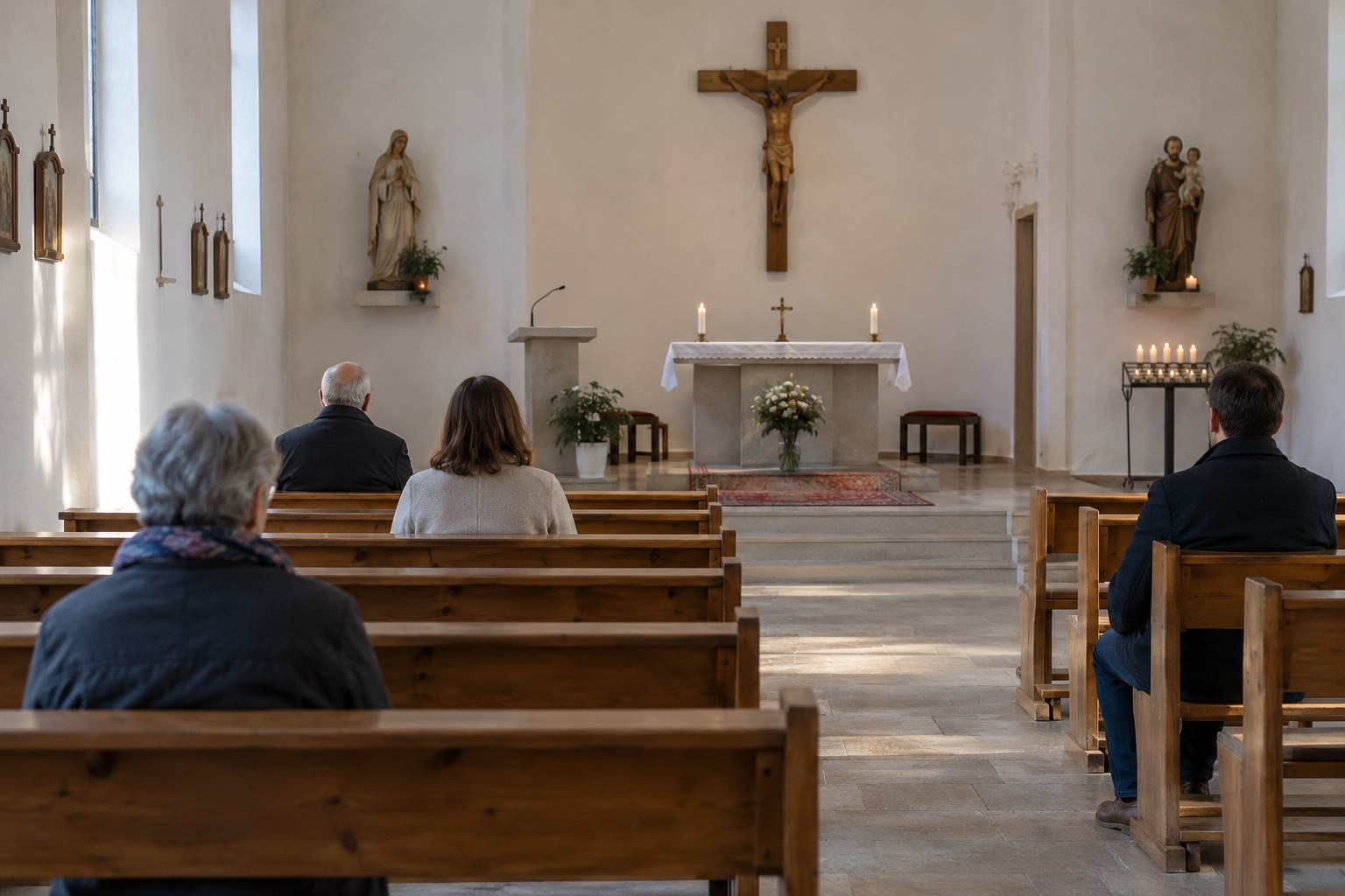 Menschen sitzen in einer Kapelle.