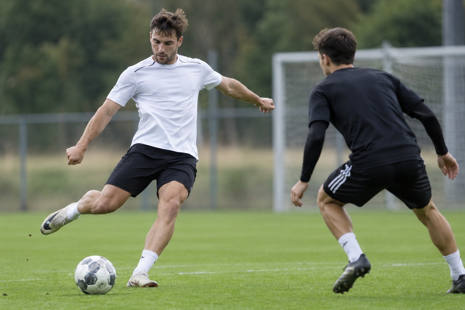Fußballspieler beim Training auf einem Rasenplatz.