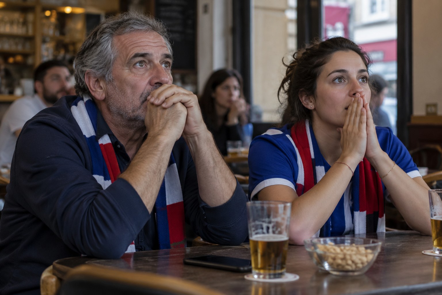 Fußballfans verfolgen ein Spiel in einem Café.