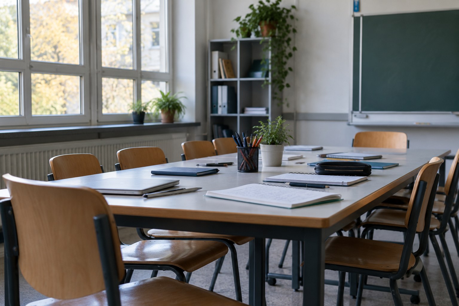 Besprechungstisch in einem Schulraum.