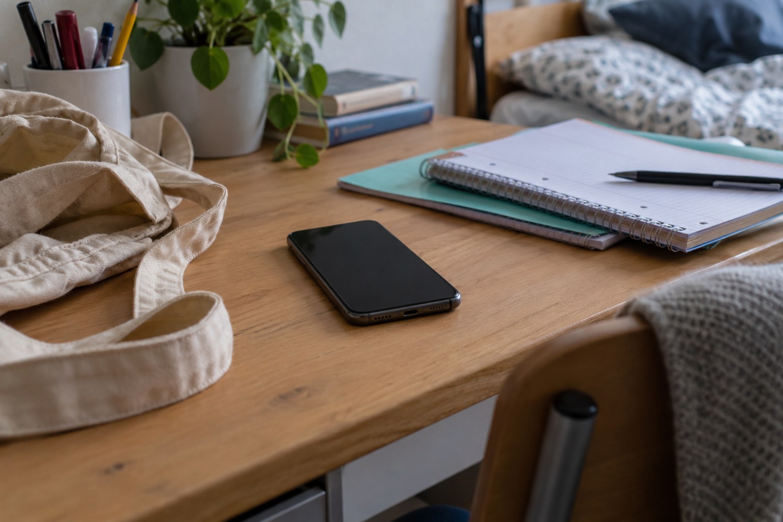 Smartphone neben Schulheften.