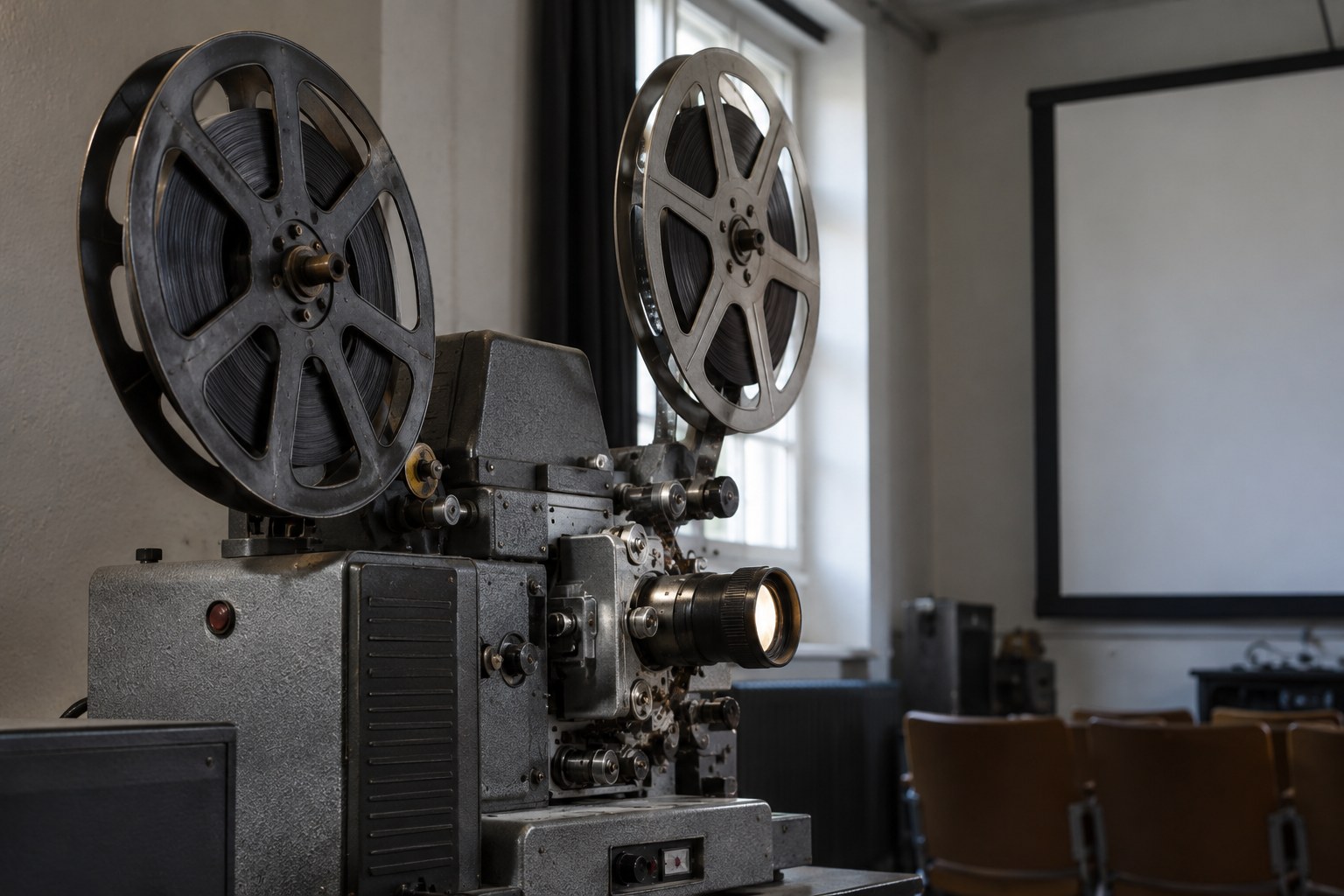 Analoger Filmprojektor in einem Vorführraum.